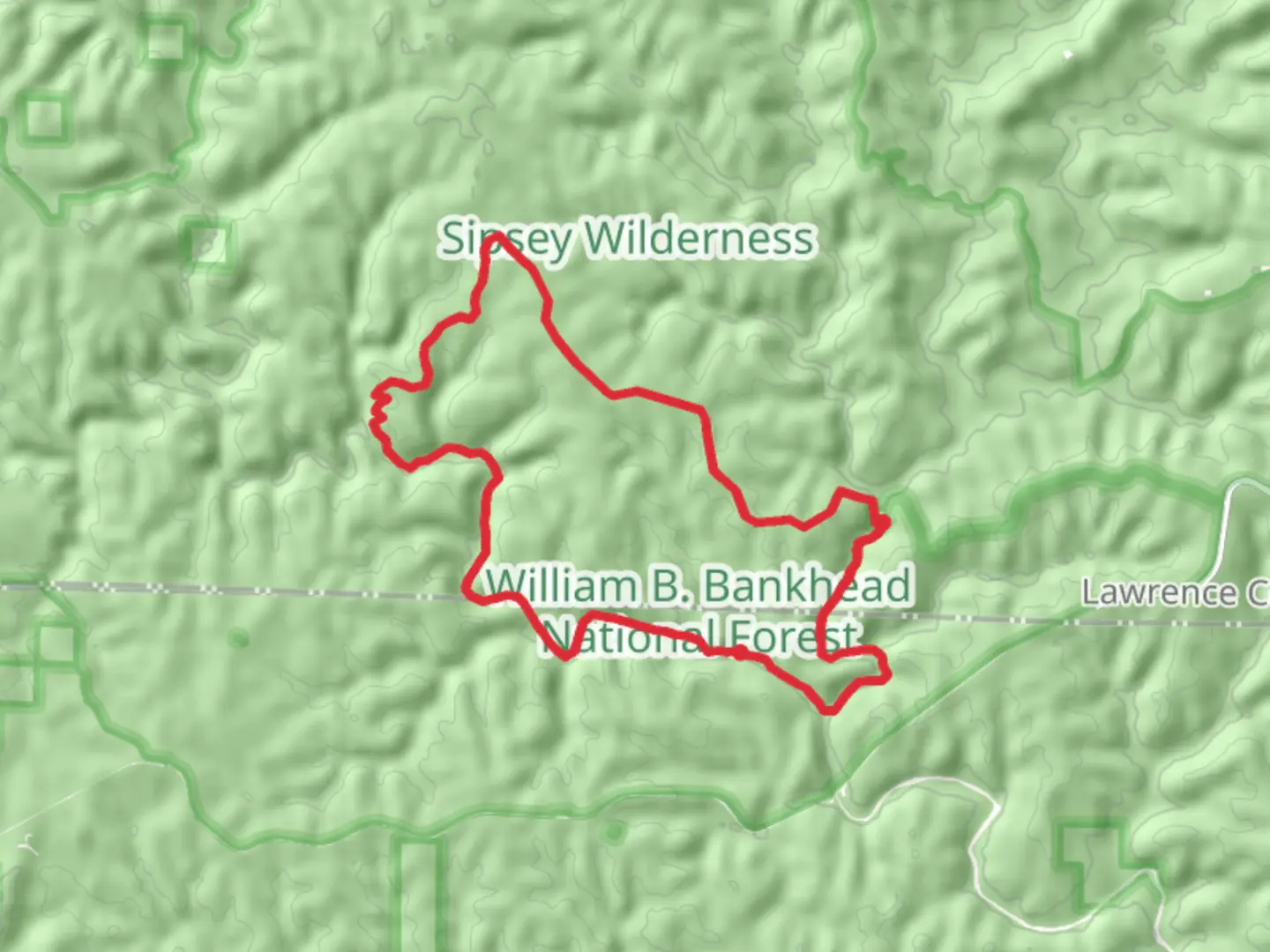 An image depicting the trail Sipsey Wild Hiking Trail and Bunyan Hill Wild Hiking Loop Trail and its surrounding area.