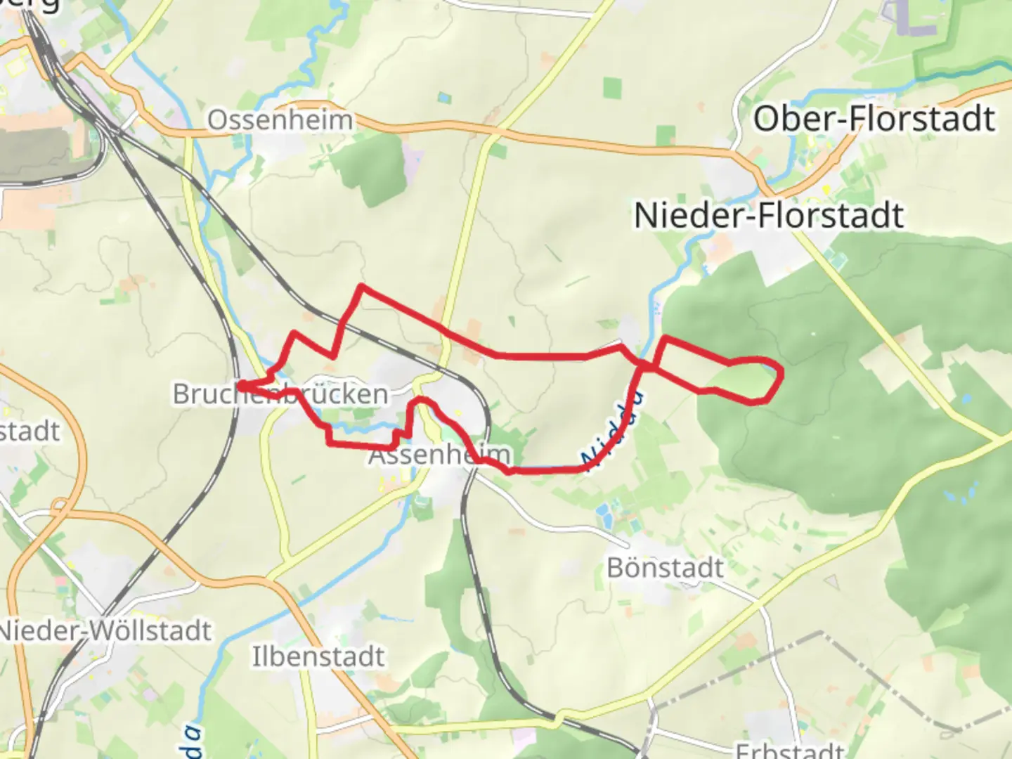 An image depicting the trail Bruchenbrucken and Sternbacher Kirche Loop and its surrounding area.