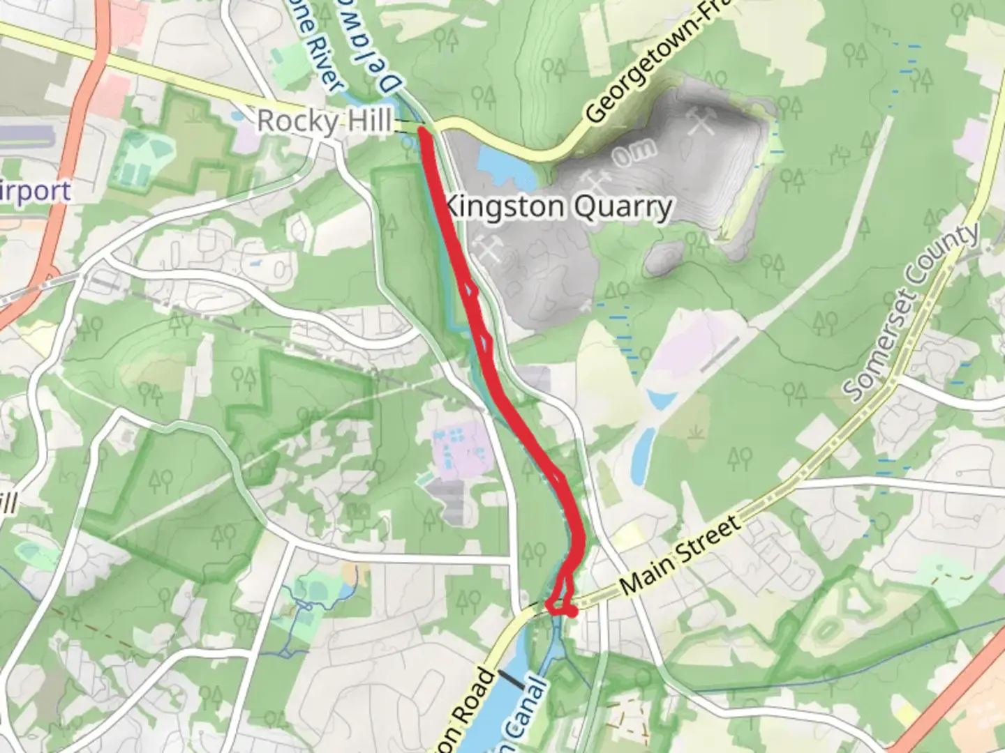 An image depicting the trail Delaware and Raritan Canal Towpath Loop and its surrounding area.