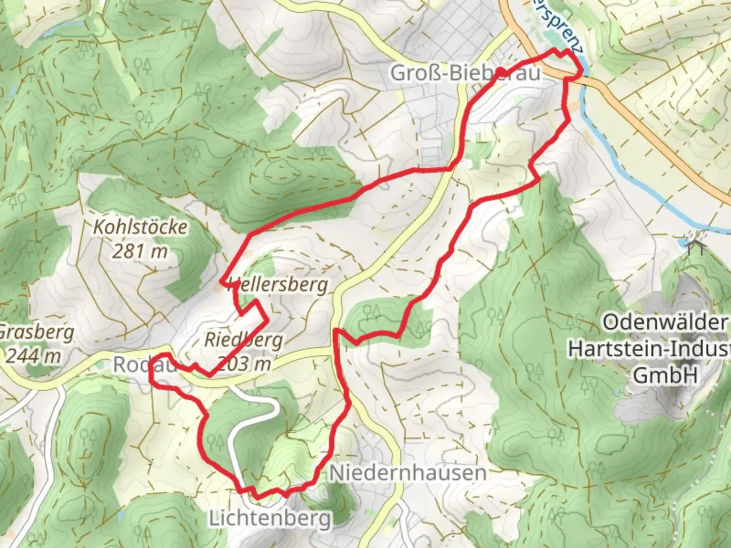 An image depicting the trail Rundwanderweg Gross-Bieberau and its surrounding area.
