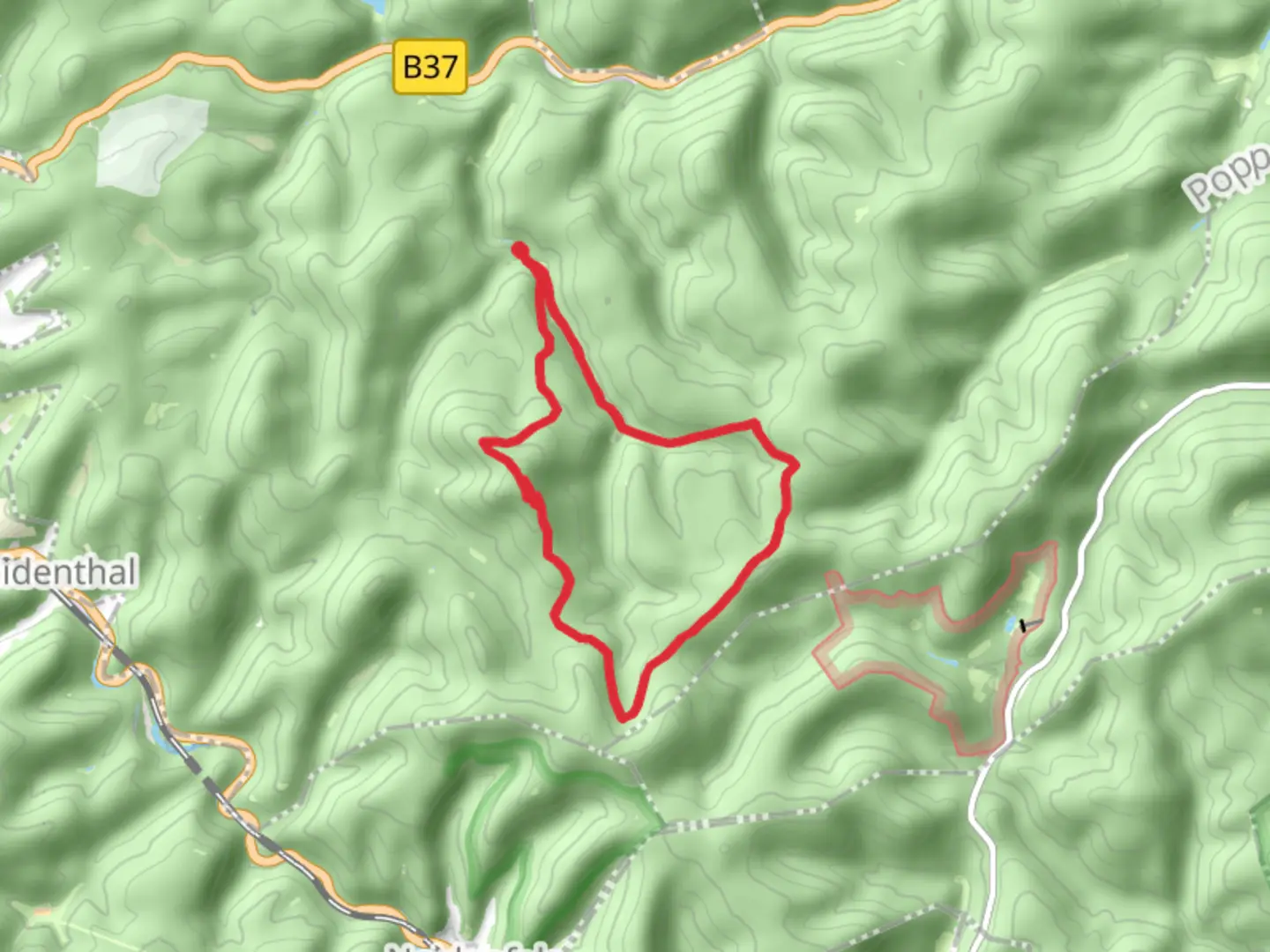 An image depicting the trail Dreibrunnental, Weisenberg, Drachenhohle and Drachenfels Loop and its surrounding area.