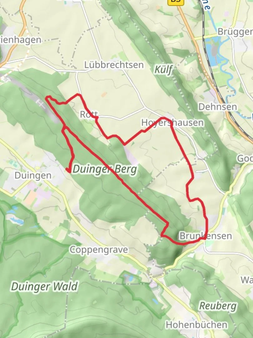 An image depicting the trail Duinger Berg and Hoyershausen Loop and its surrounding area.