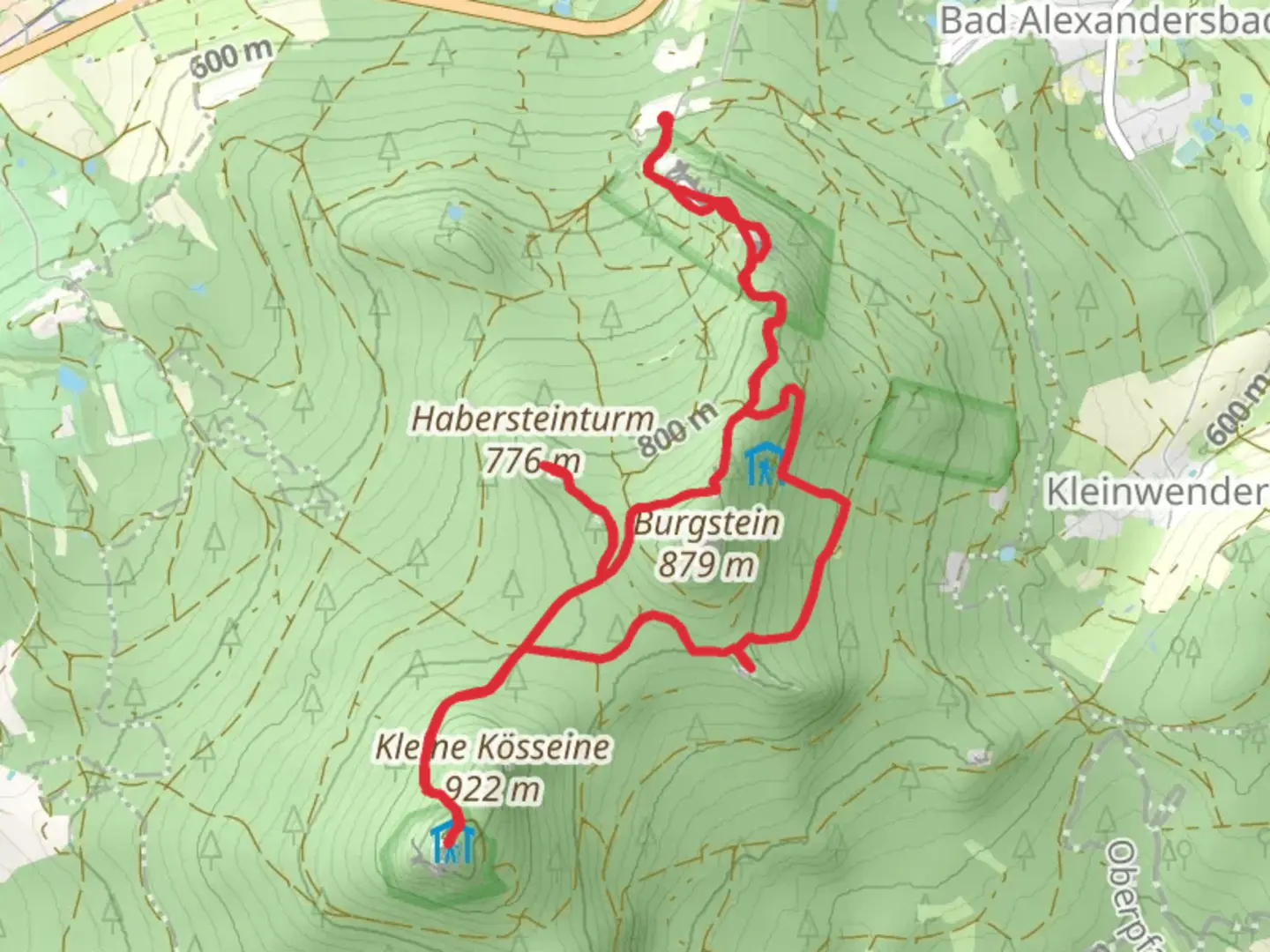 An image depicting the trail Burgplateau Altes Schloss, Koesseineturm, Haberstein via Kaiser-Wilhelm-Felsen and its surrounding area.