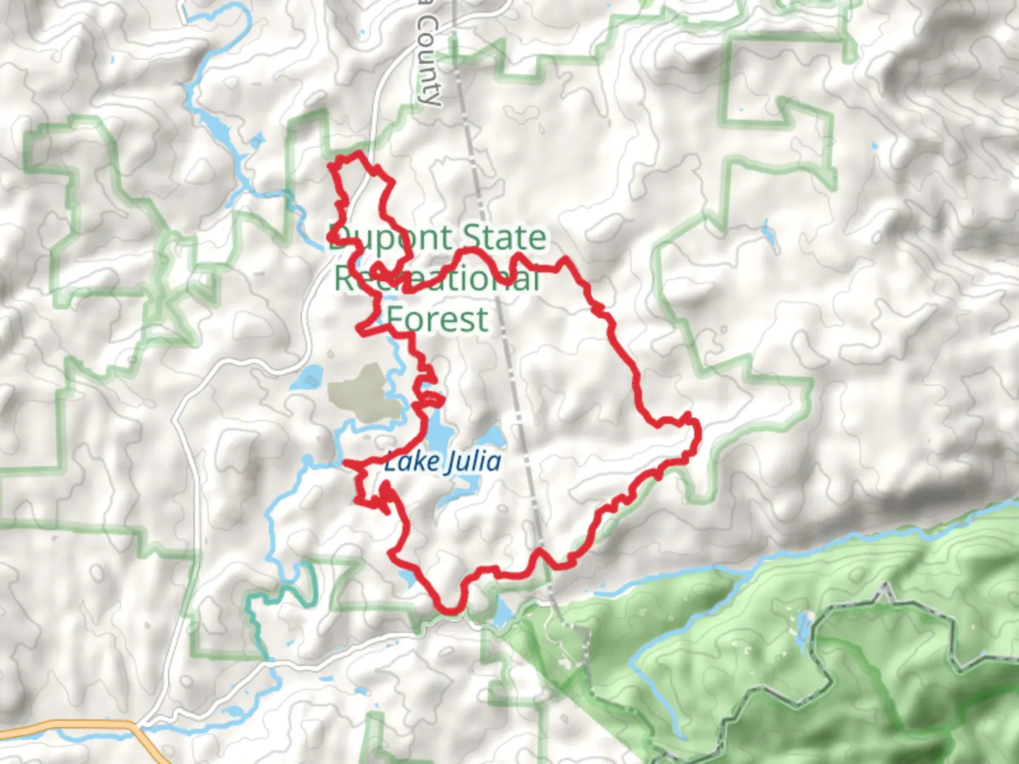 An image depicting the trail Triple Falls, Airstrip Trail and Turkey Knob Loop and its surrounding area.