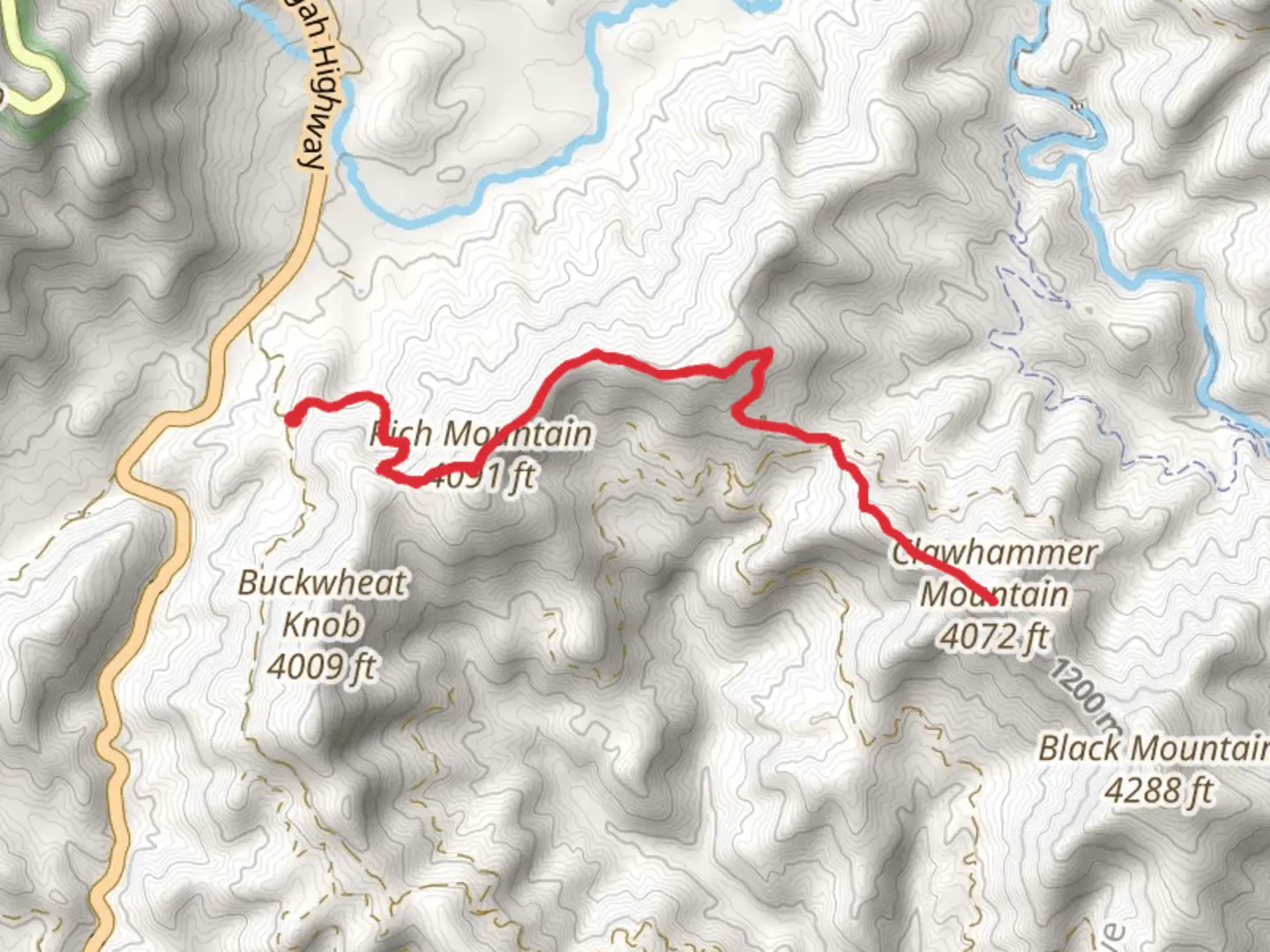 An image depicting the trail Clawhammer Mountain and Rich Mountain via Club Gap and its surrounding area.