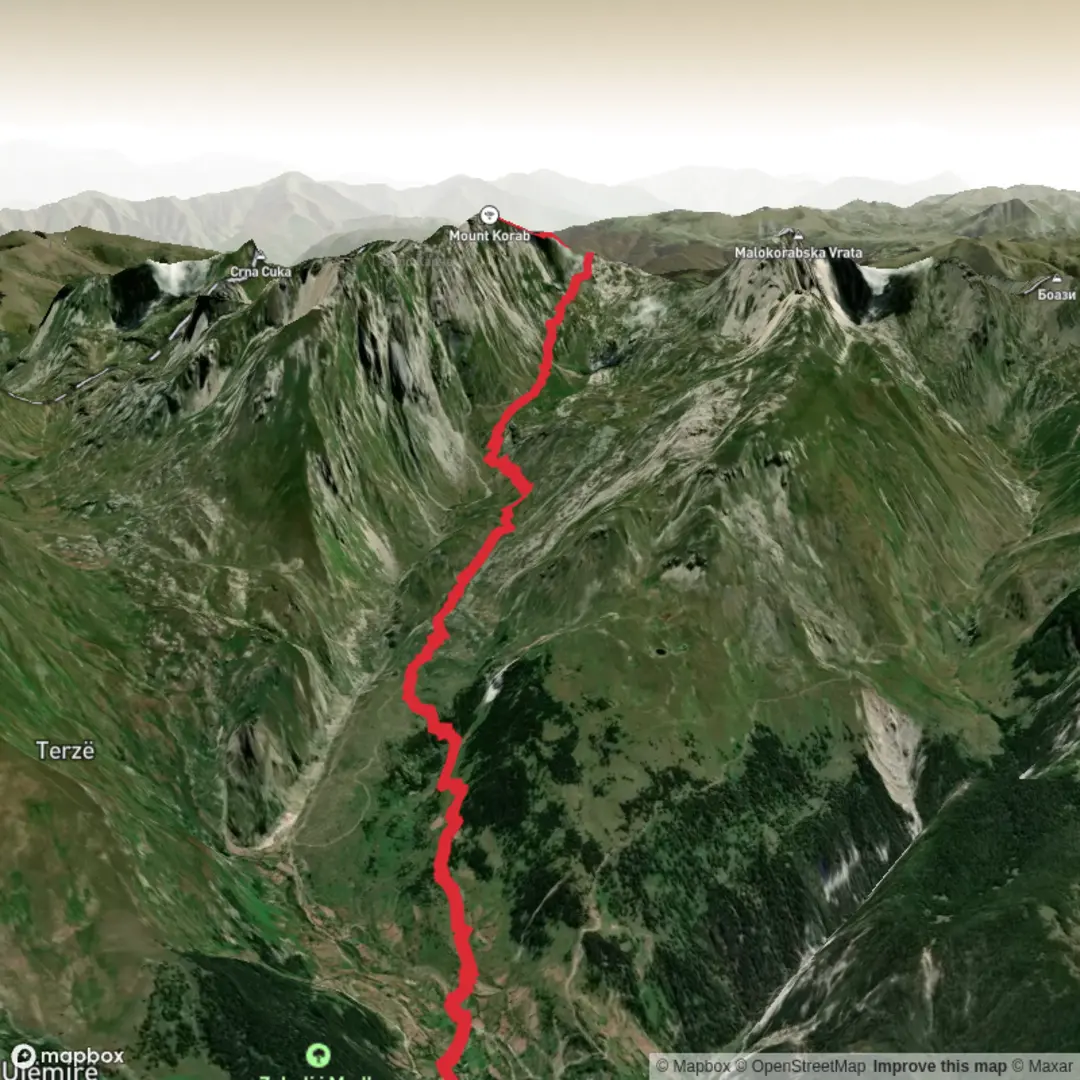 An image depicting the trail Mt Korab from Radomirë and its surrounding area.