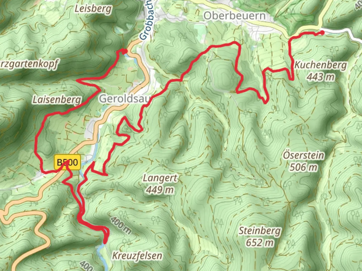 An image depicting the trail Forellenhof to Geroldsauer Muehle via Eulenweg and Laisenbergweg and its surrounding area.