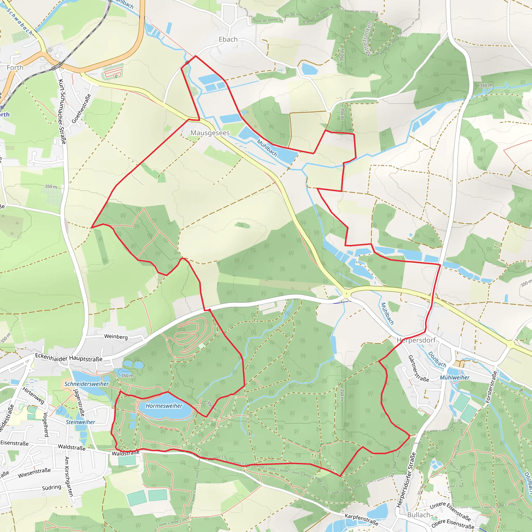 Hormesweiher via Lillinghof and Rundweg um Forth mobile static map