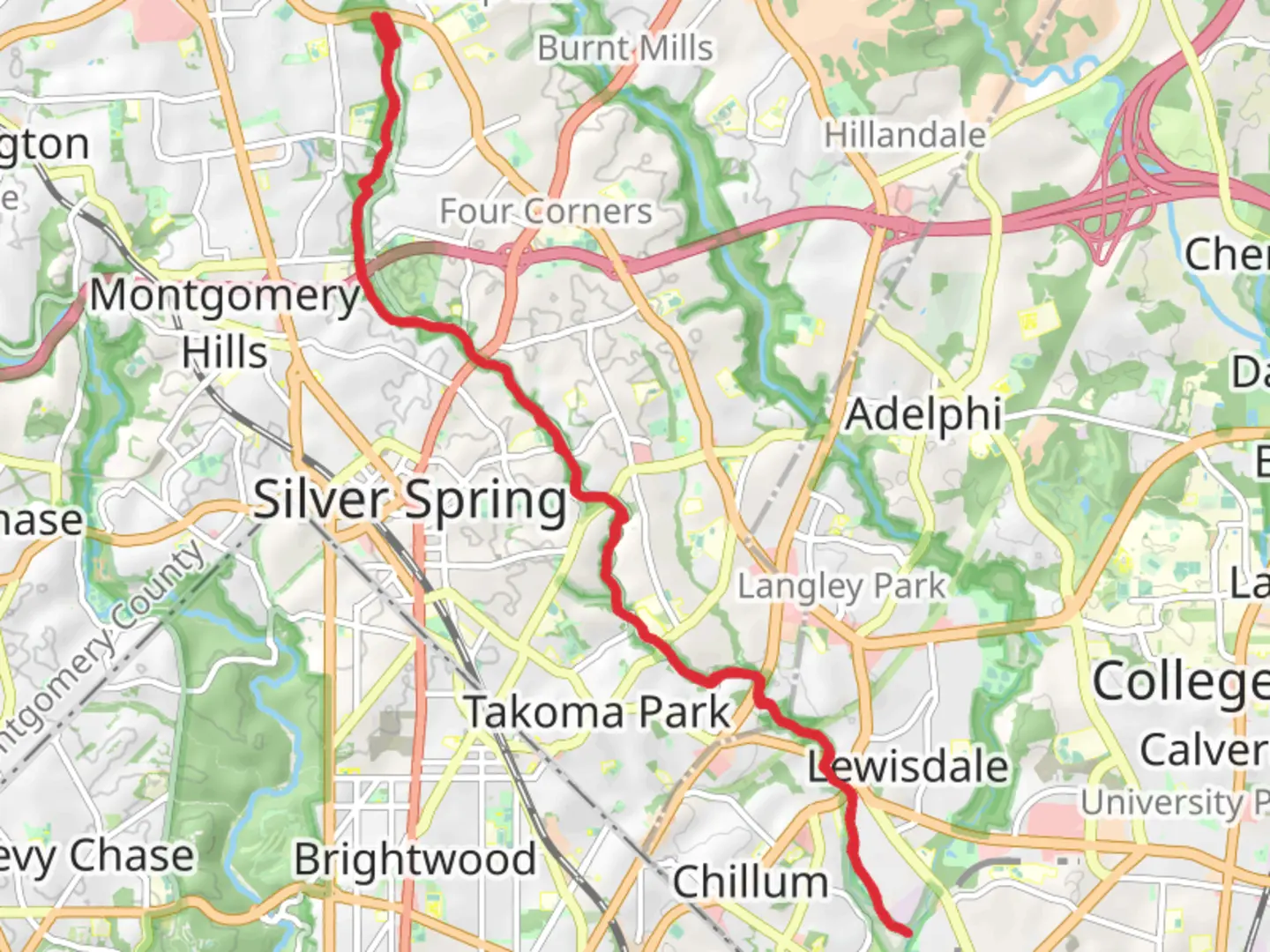 An image depicting the trail Sligo Creek Trail and its surrounding area.