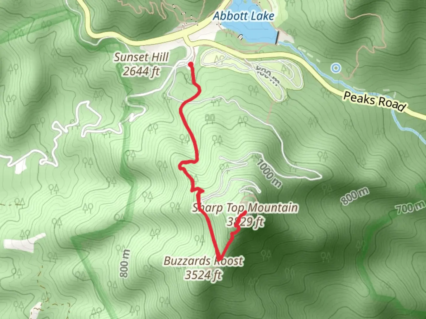 An image depicting the trail Sharp Top Mountain via Sharp Top Trail and its surrounding area.