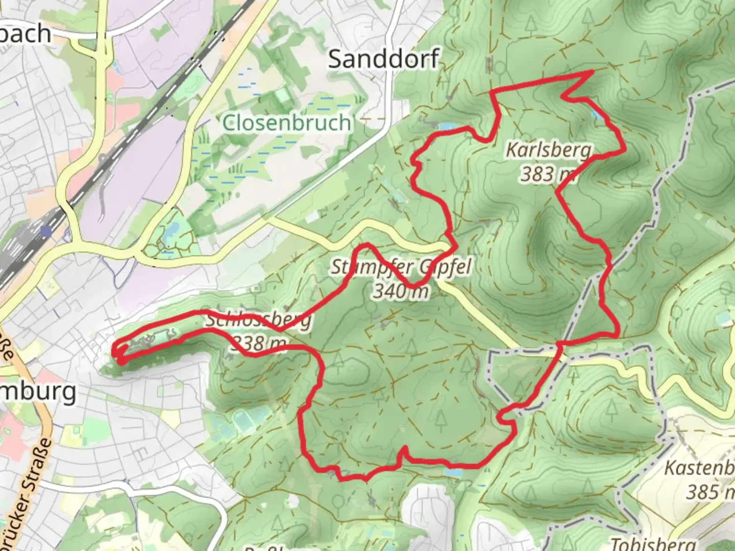 An image depicting the trail Stumpfer Gipfel and Eiskeller via Roetkaeppchenweg and its surrounding area.