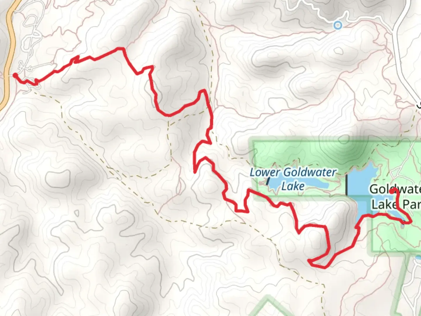An image depicting the trail Upper Goldwater Lake via Prescott Circle Trail - West and its surrounding area.