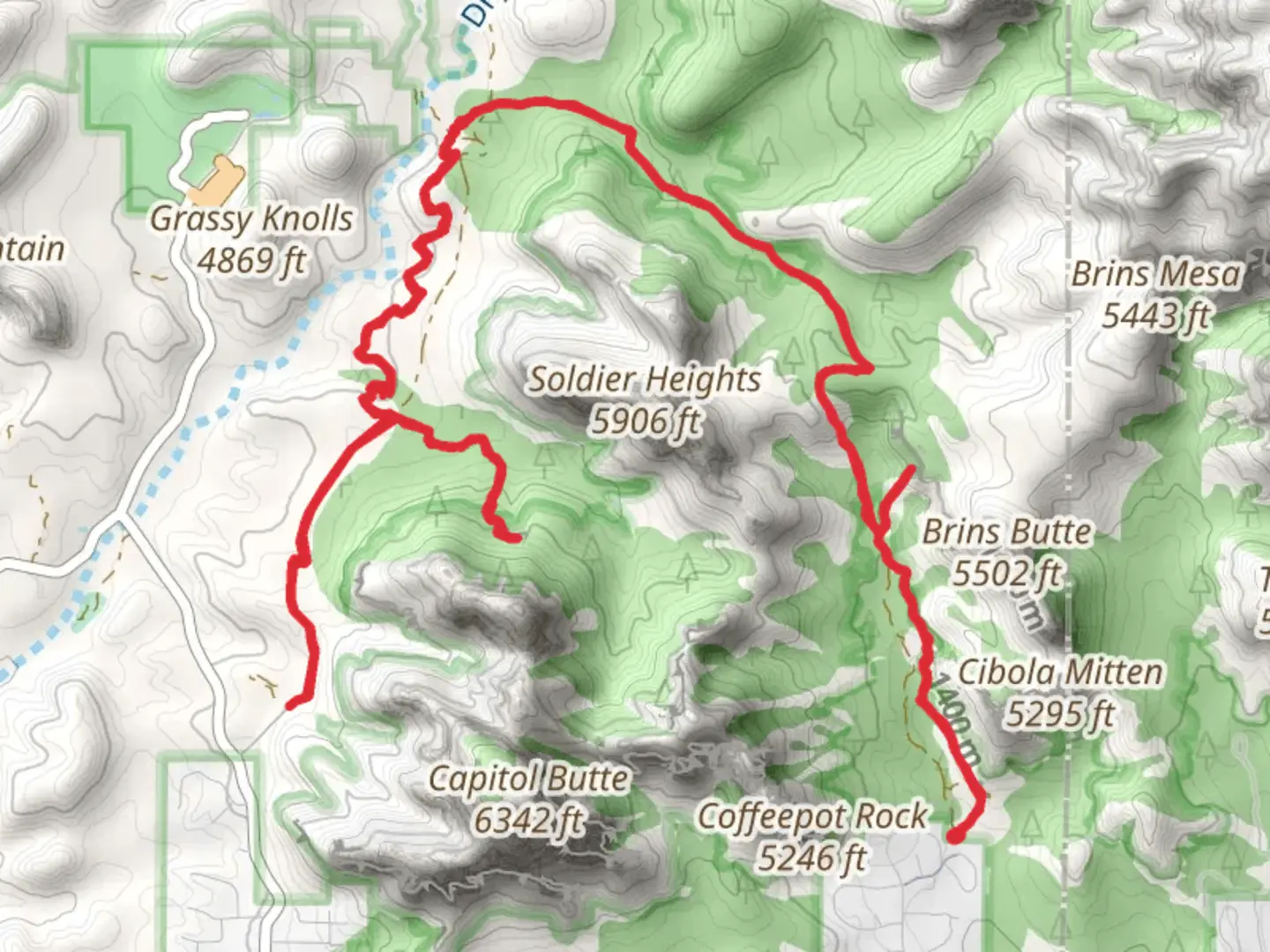 An image depicting the trail Soldier Pass, Soldier Pass Cave and Devils Bridge Trail and its surrounding area.