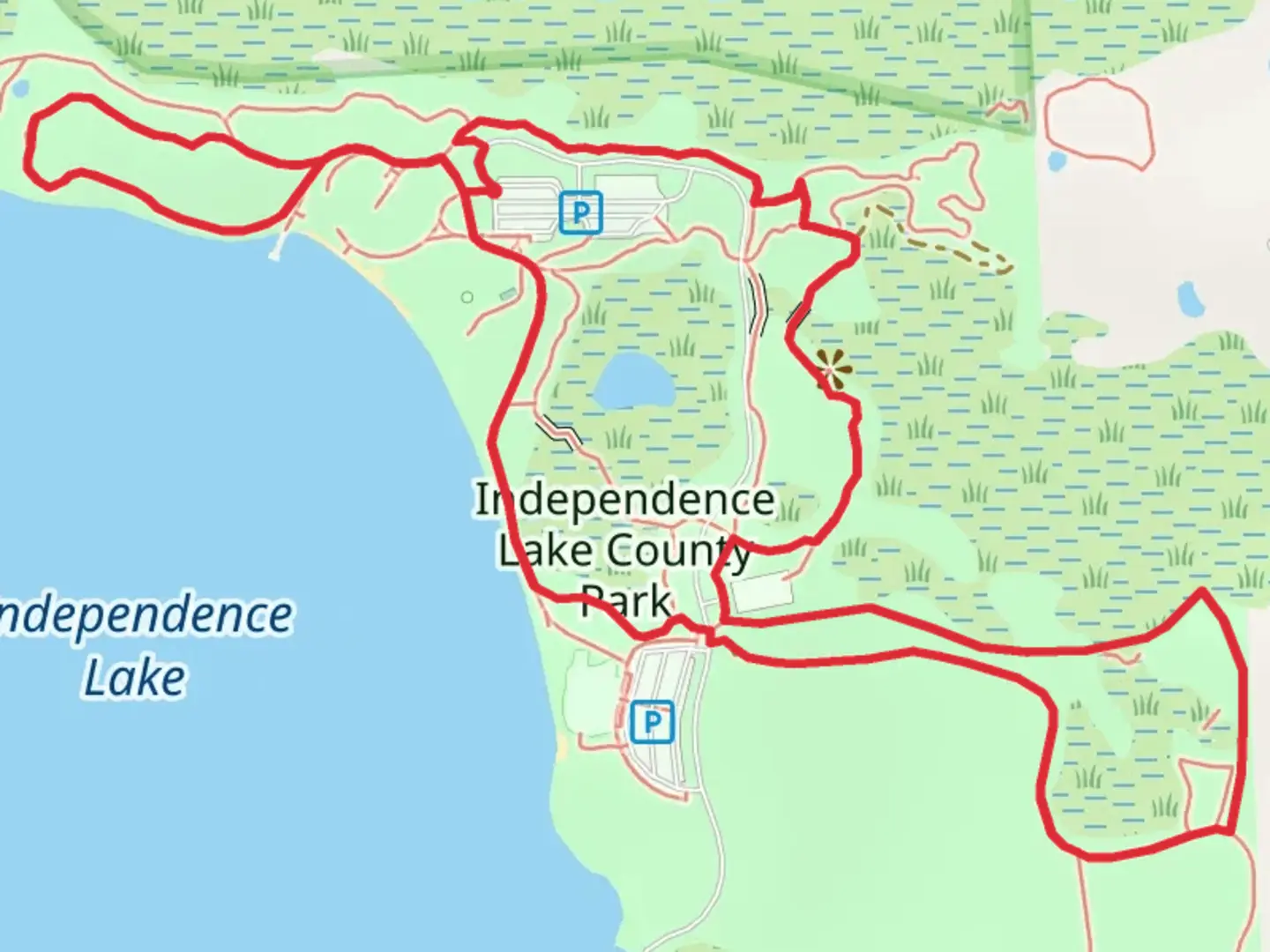 An image depicting the trail Independence Lake County Park Loop and its surrounding area.
