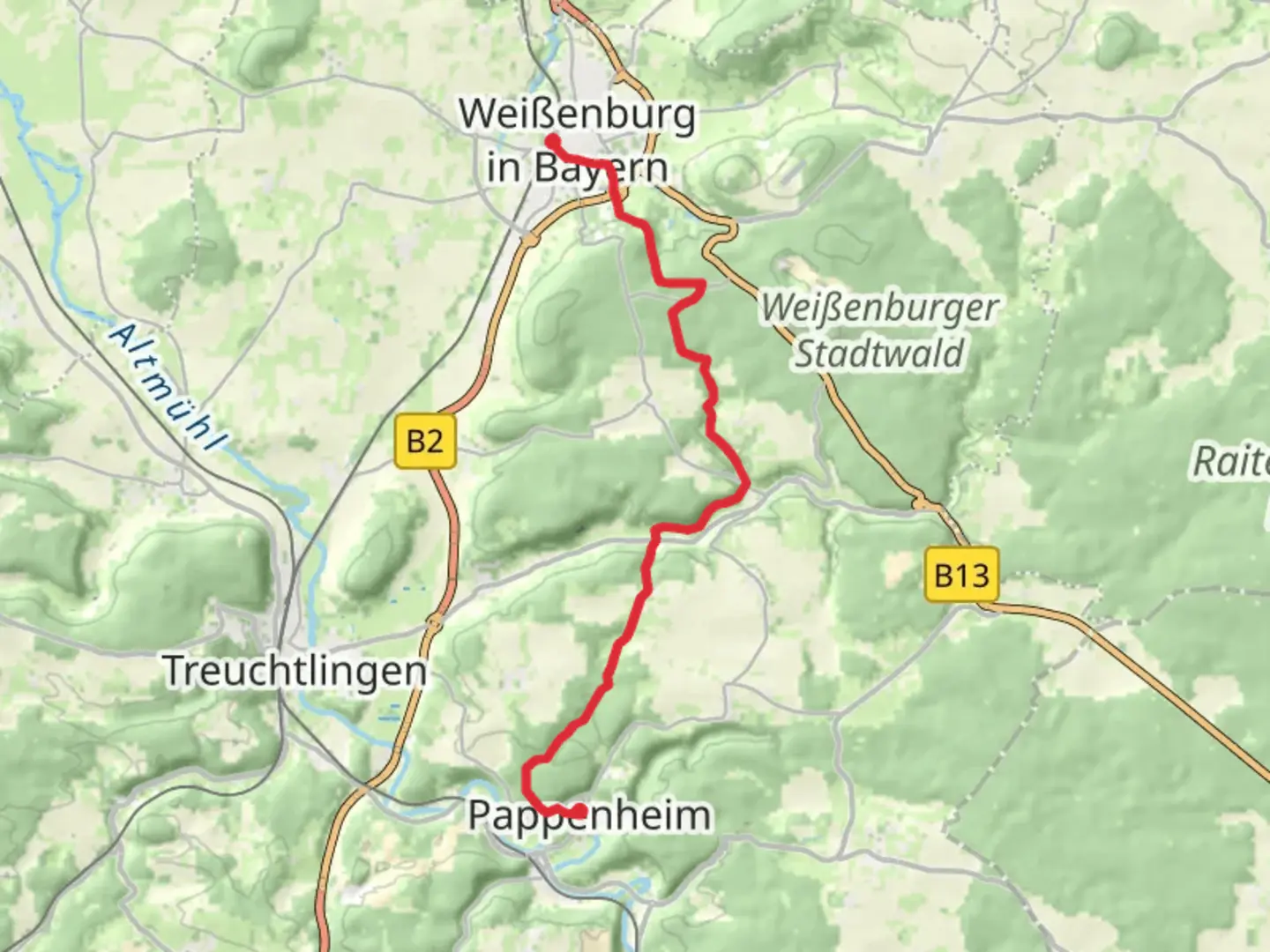 An image depicting the trail Weibenburg to Pappenheim Walk and its surrounding area.