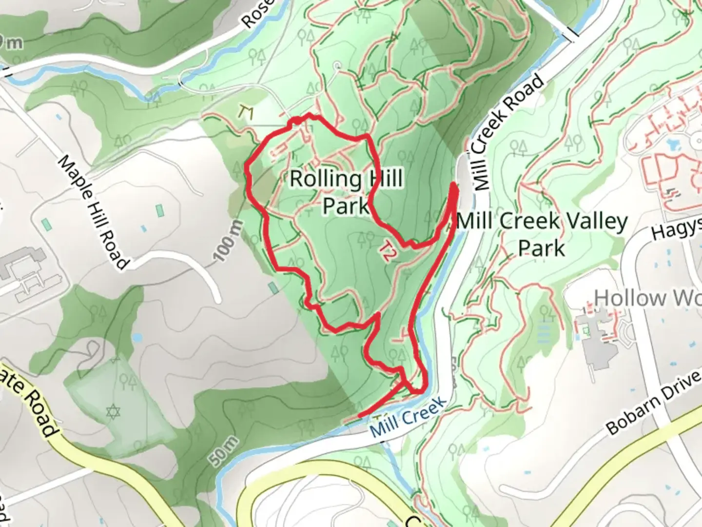An image depicting the trail Rolling Hill Park Loop and its surrounding area.