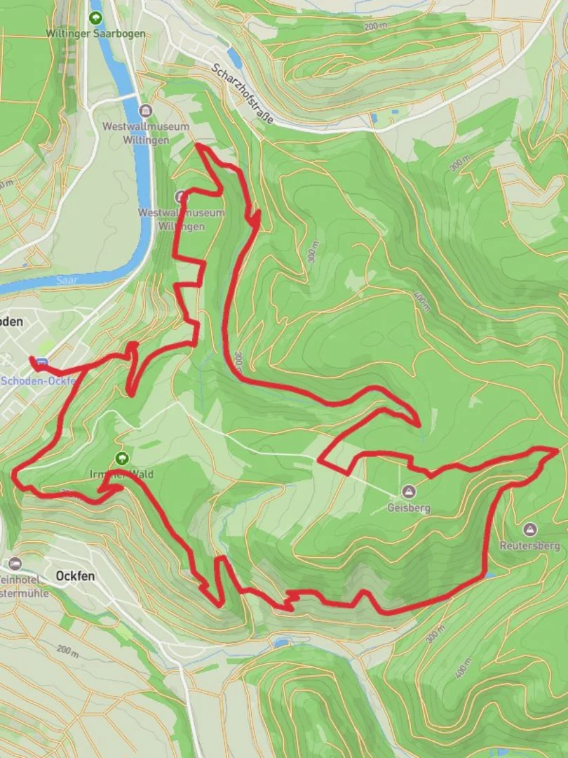 An image depicting the trail Schoden Loop via Irminer Wald and its surrounding area.