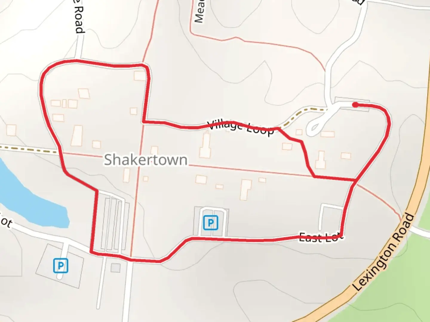 An image depicting the trail Village Loop - Shakertown and its surrounding area.