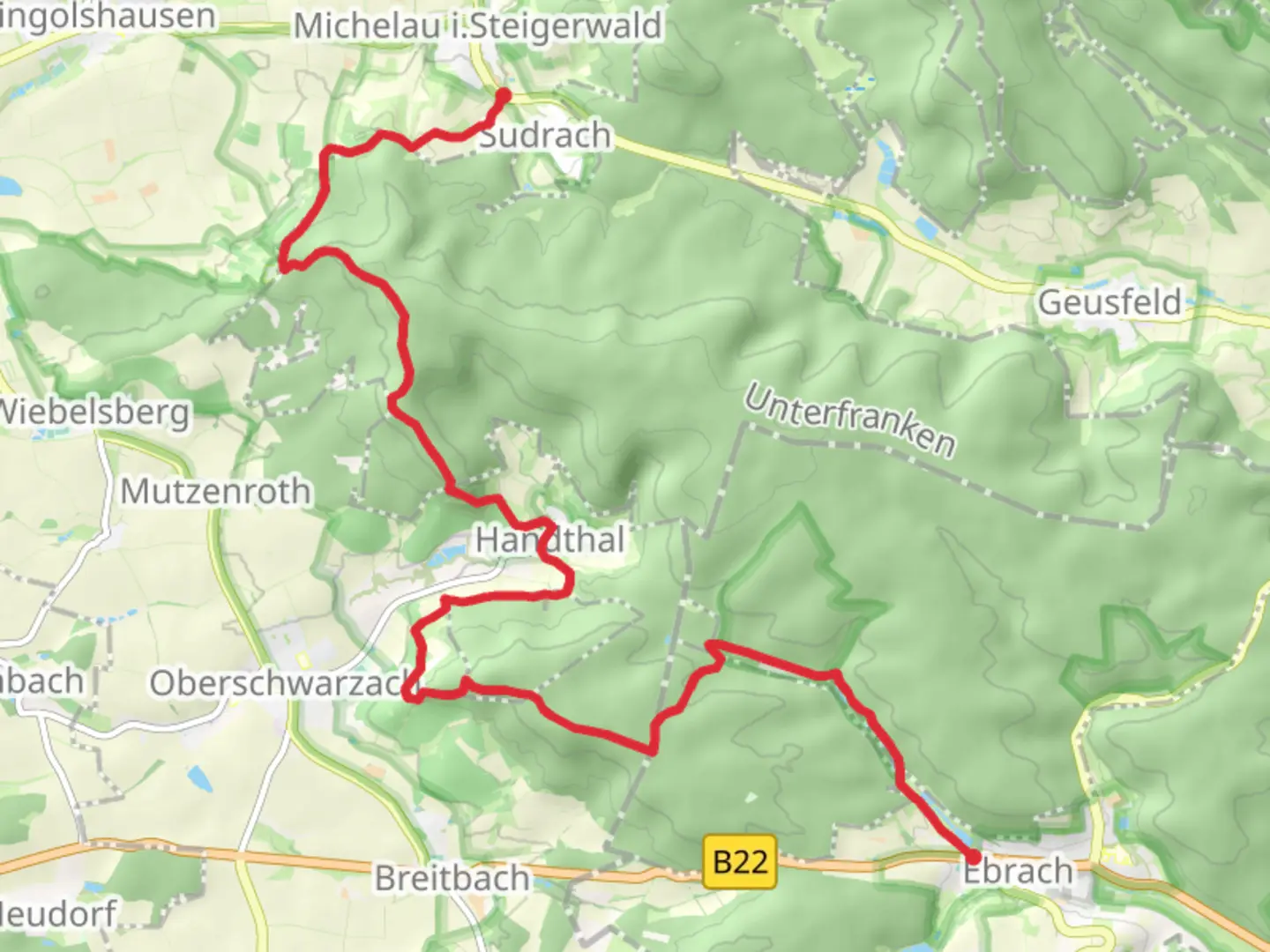 An image depicting the trail Ebrach to Sudrach Walk and its surrounding area.