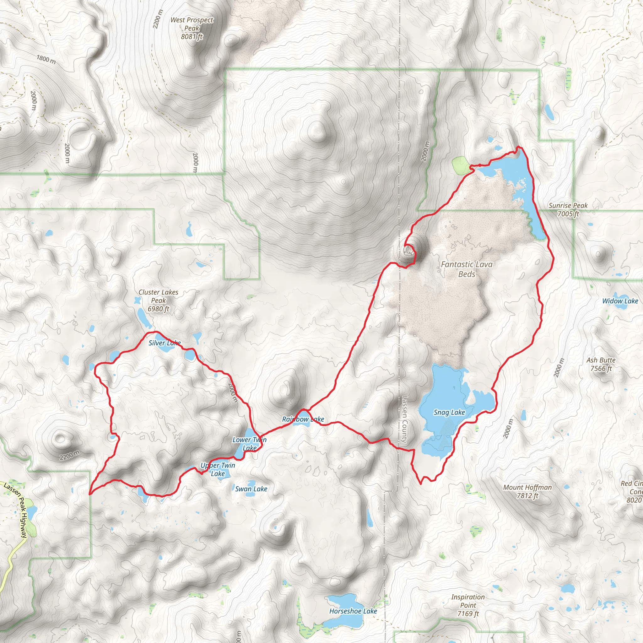 Butte Lake, Snag Lake, Bear Lakes and Cinder Cone Loop mobile static map