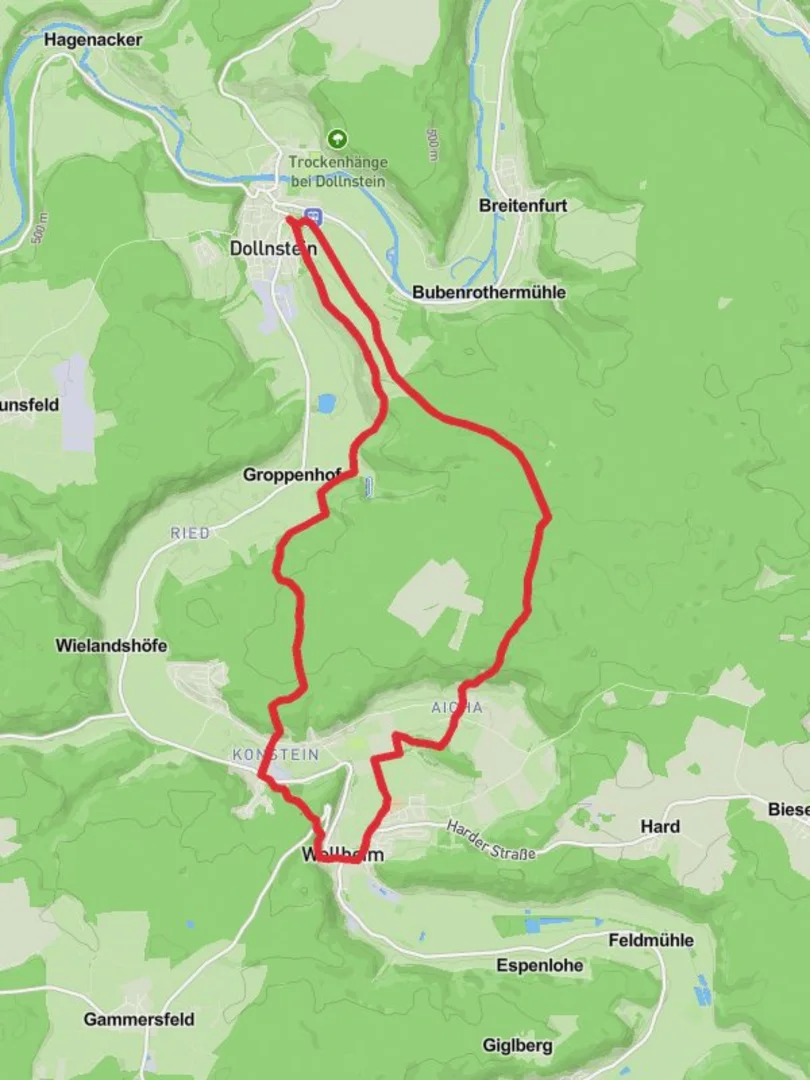 An image depicting the trail Dollnstein and Wellheim Loop via Dollnsteiner Wald and its surrounding area.