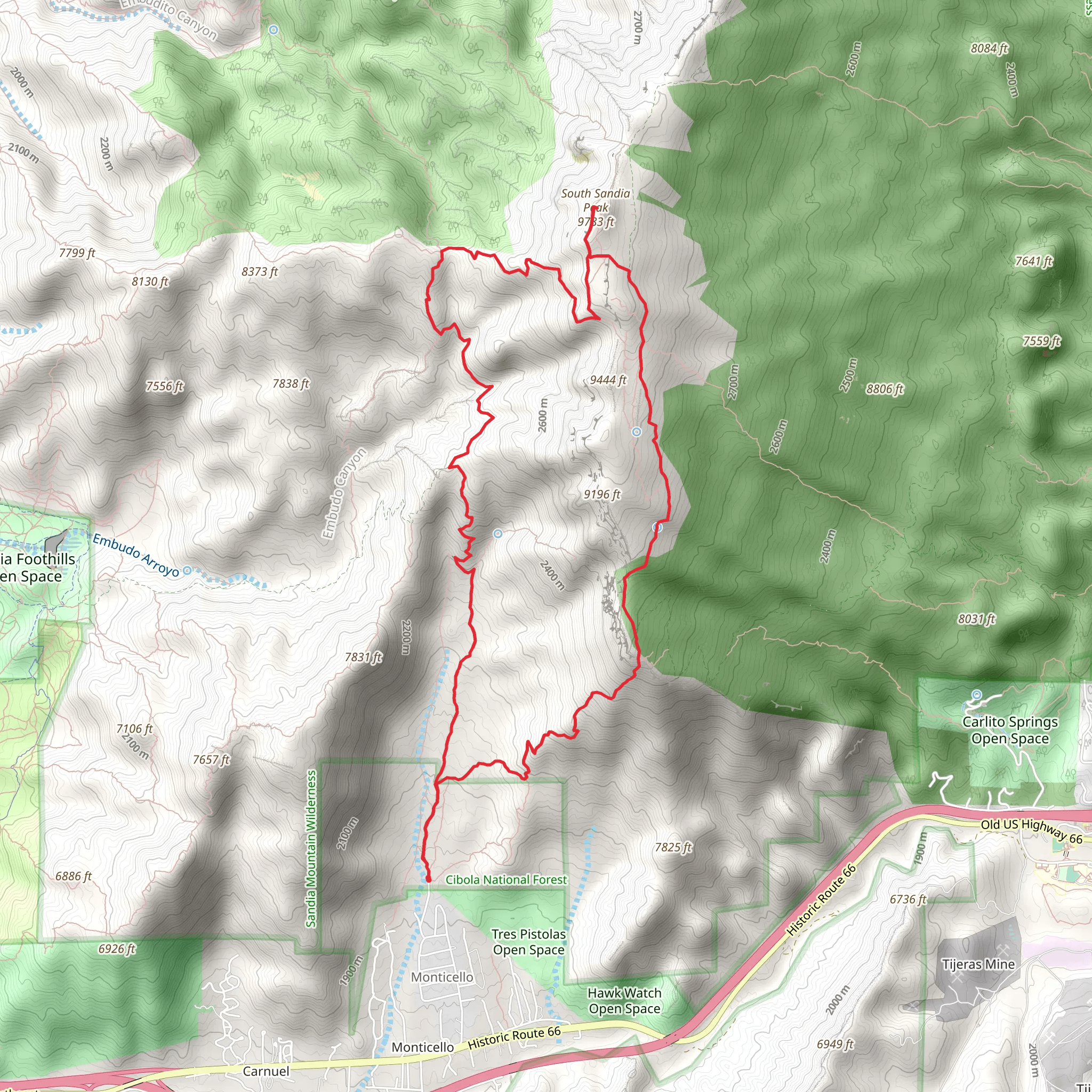 South Sandia Peak via Hawk Watch Trail and Three Gun Spring Trail mobile static map