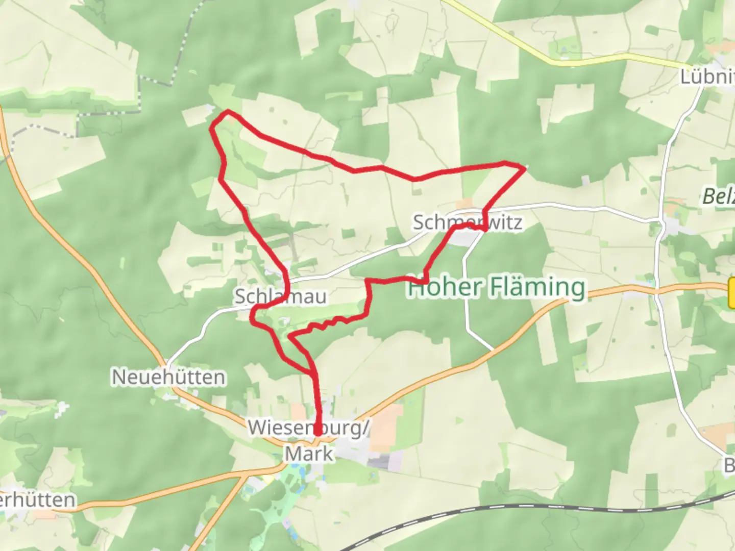 An image depicting the trail Wiesenburg and Schmerwitz Loop and its surrounding area.