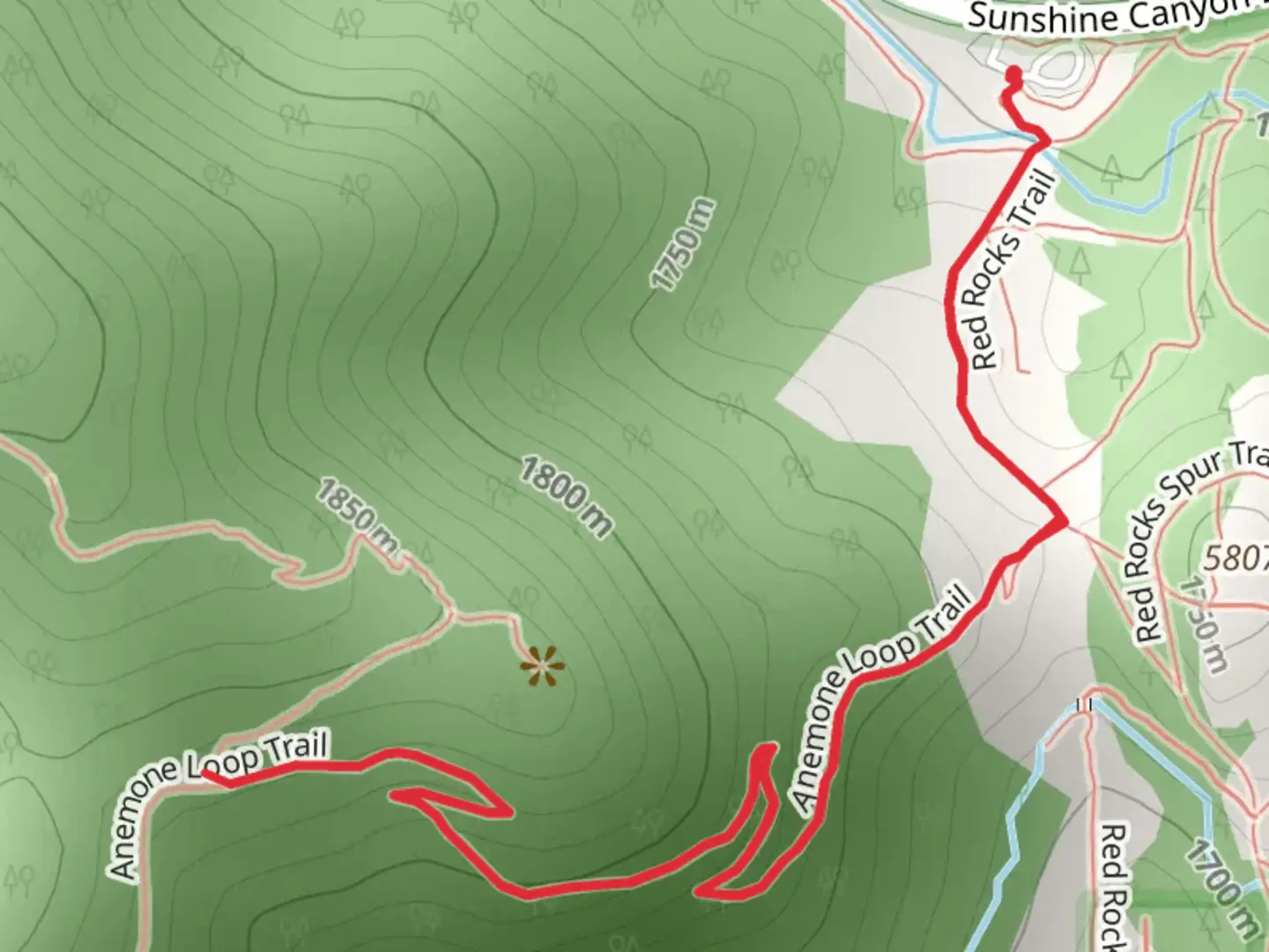 An image depicting the trail Anemone Loop and Red Rocks Trail and its surrounding area.