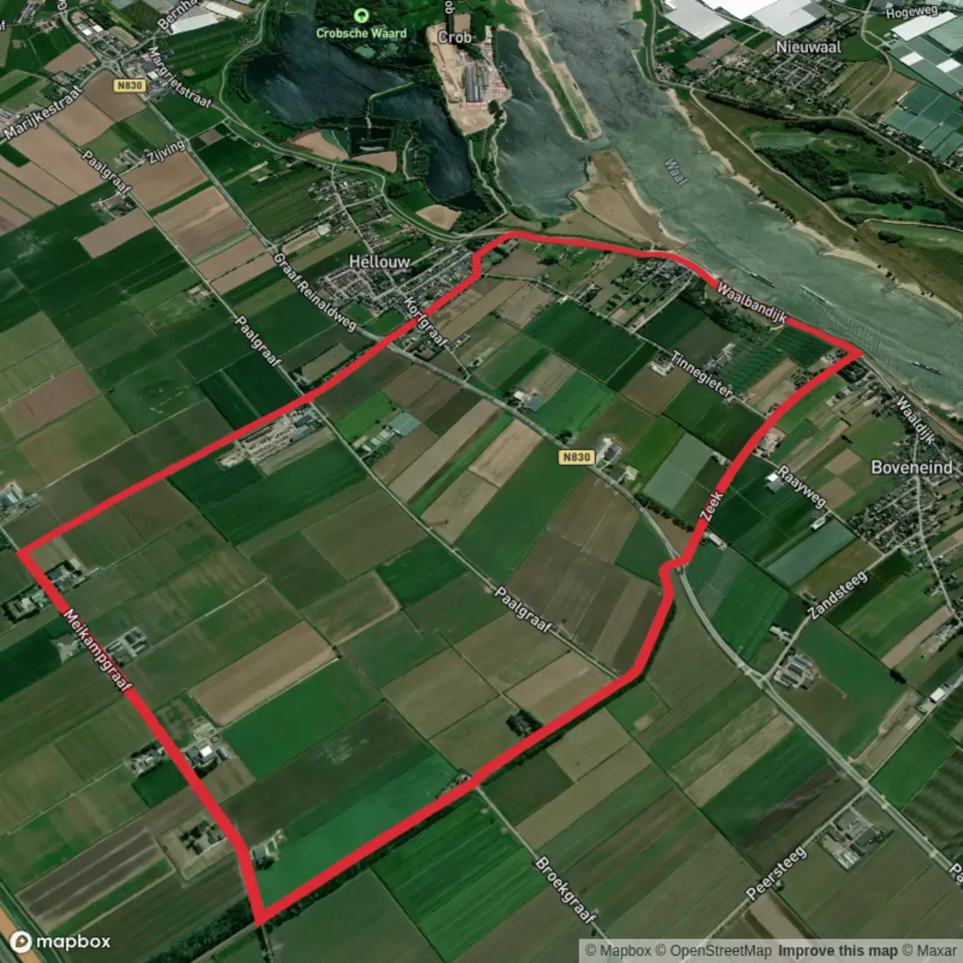 An image depicting the trail Waal Waal via Meikampgraaf and Waalbandijk and its surrounding area.