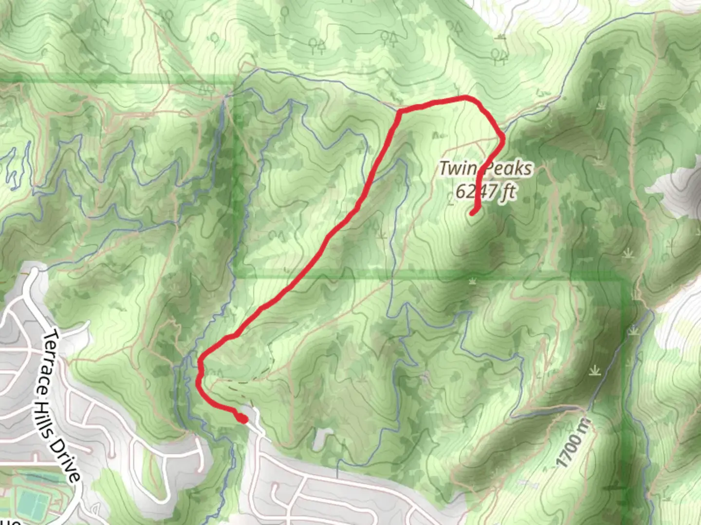 An image depicting the trail Twin Peaks via Twin Peaks Connect and its surrounding area.