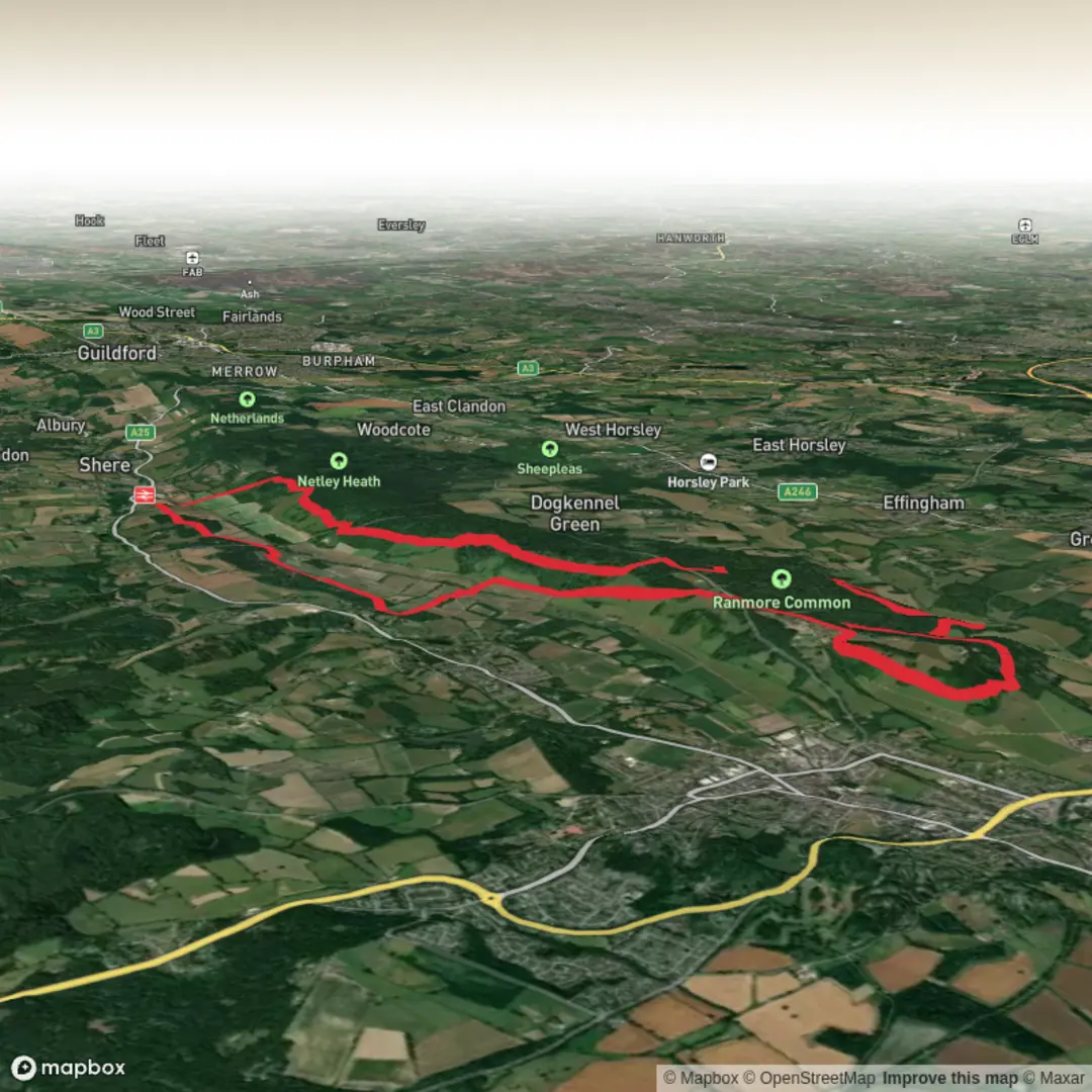 An image depicting the trail Broomy Downs, Picketts Hole and Ranmore Common via North Downs Way and its surrounding area.