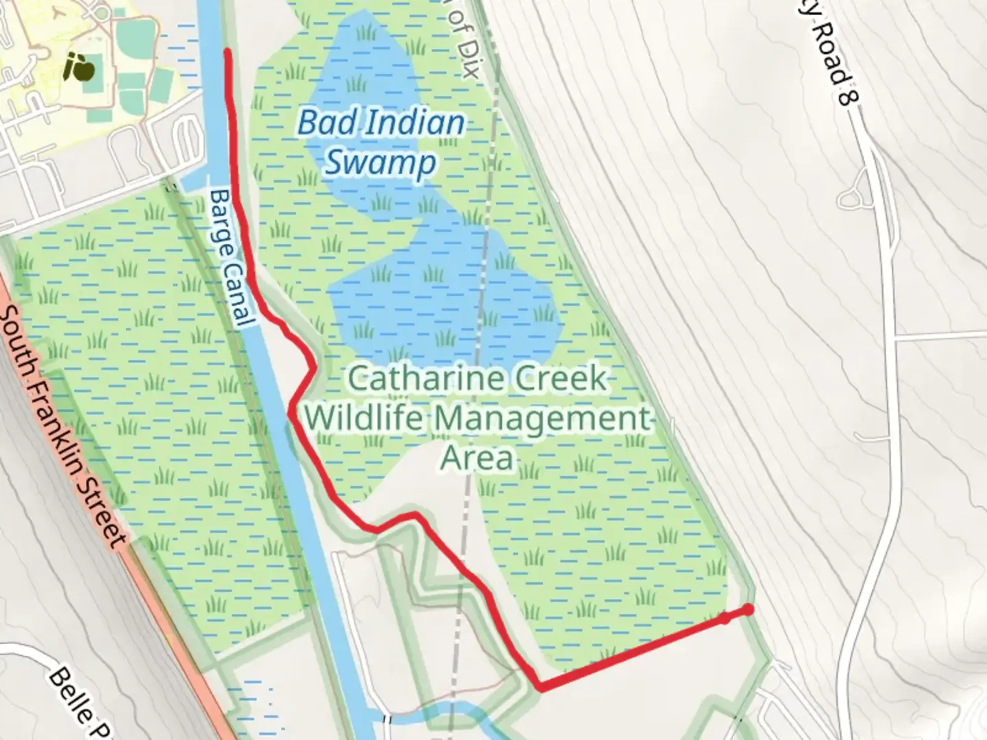 An image depicting the trail Walk along Barge Canal and its surrounding area.