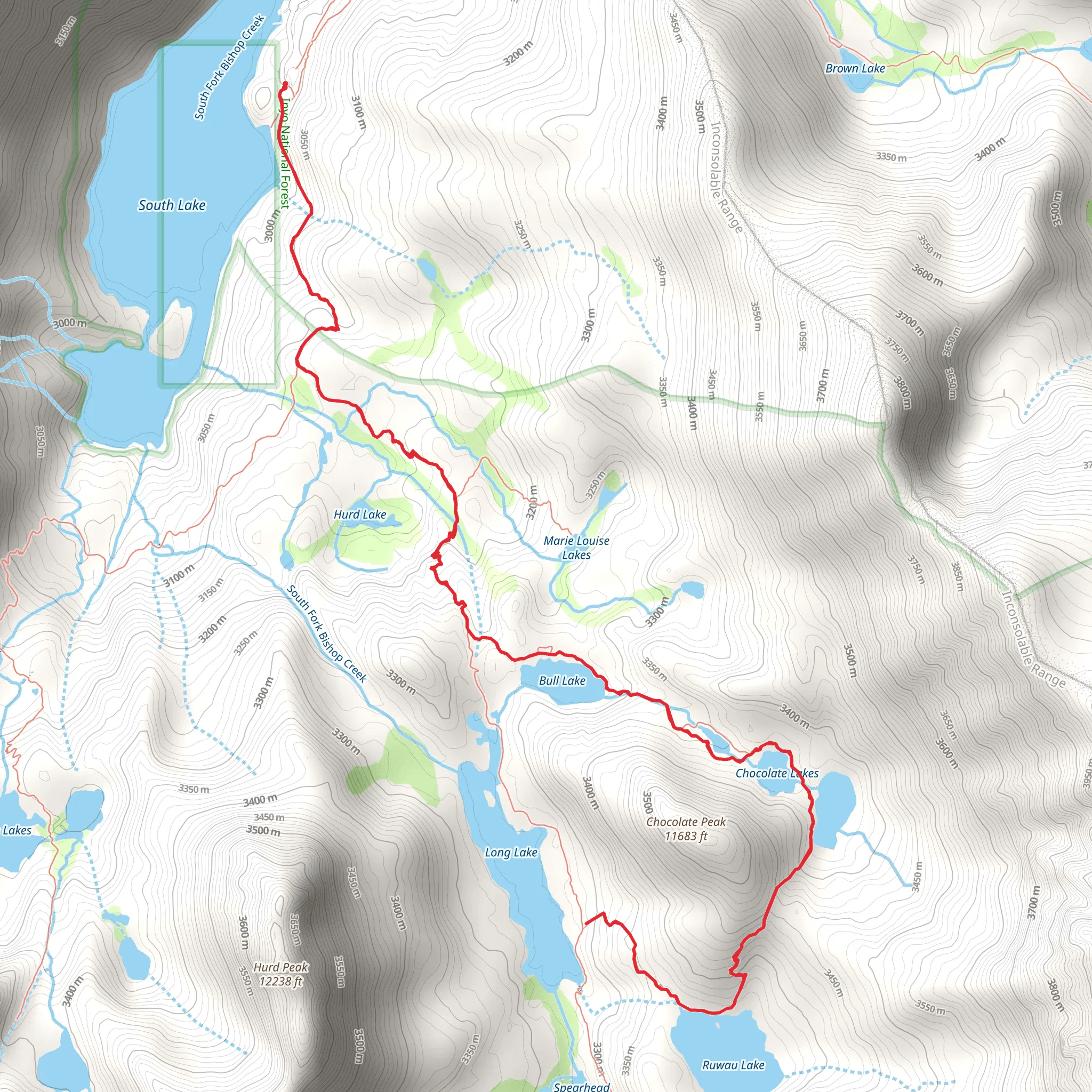 Ruwau Lake, Chocolate Lakes, Bull Lake and South Lake via Bishop Pass Trail mobile static map