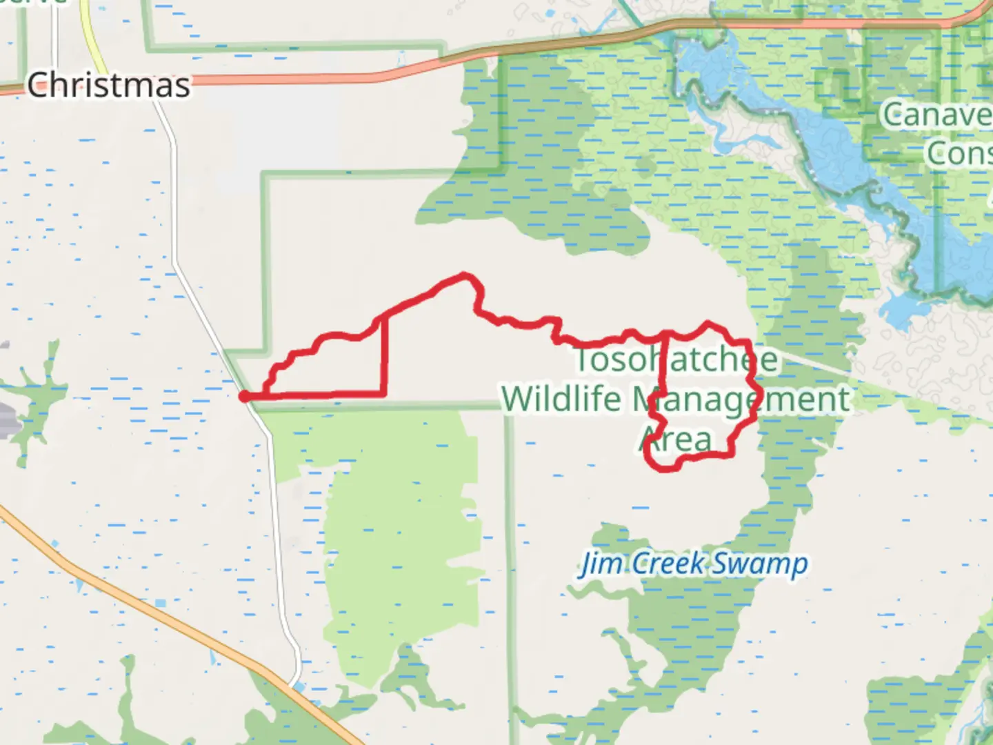 An image depicting the trail Tootoosahatchee Wildlife Management Area Loop and its surrounding area.