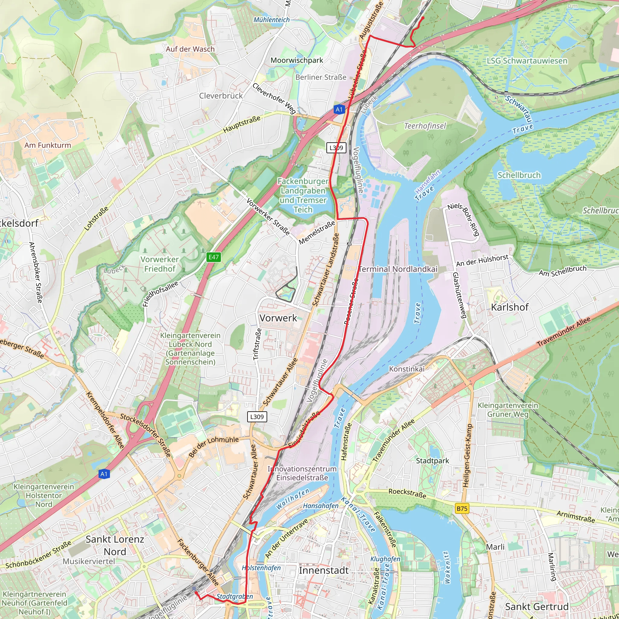 Luebeck Hauptbahnhof to Bad Schwartau via Tremser Teich and Wallhafen mobile static map