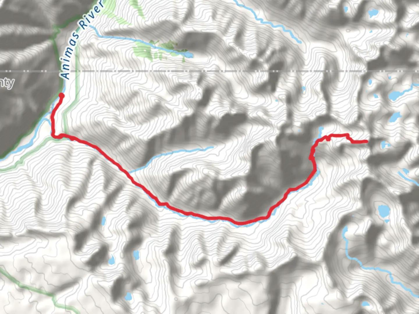 An image depicting the trail Twin Lakes and Windom Peak via Needle Creek and its surrounding area.