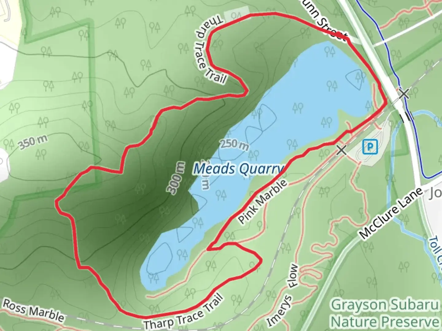 An image depicting the trail Meads Quarry Loop and its surrounding area.