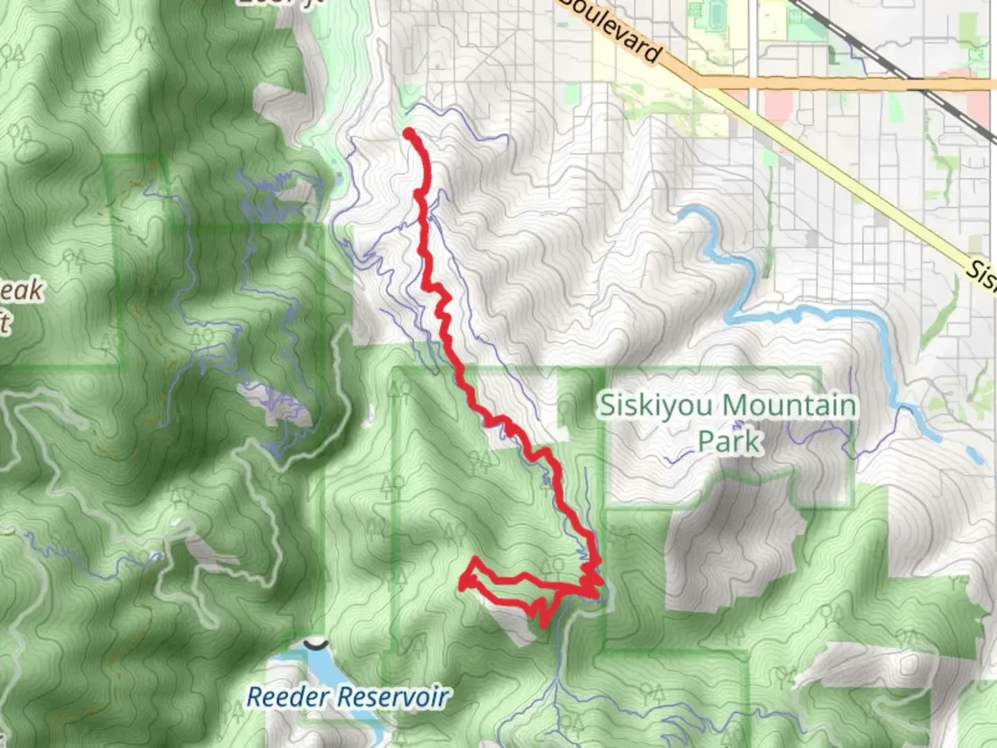 An image depicting the trail Lewis Loops - Gyre via Lower Red Queen Trail and its surrounding area.