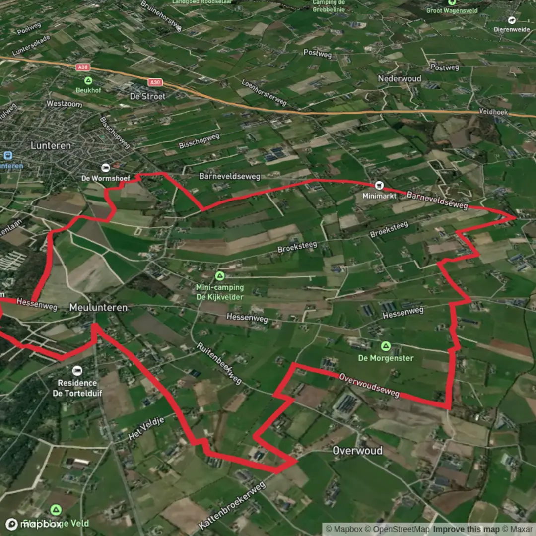 An image depicting the trail Meulunterensche Veld and De Driesingel Loop and its surrounding area.