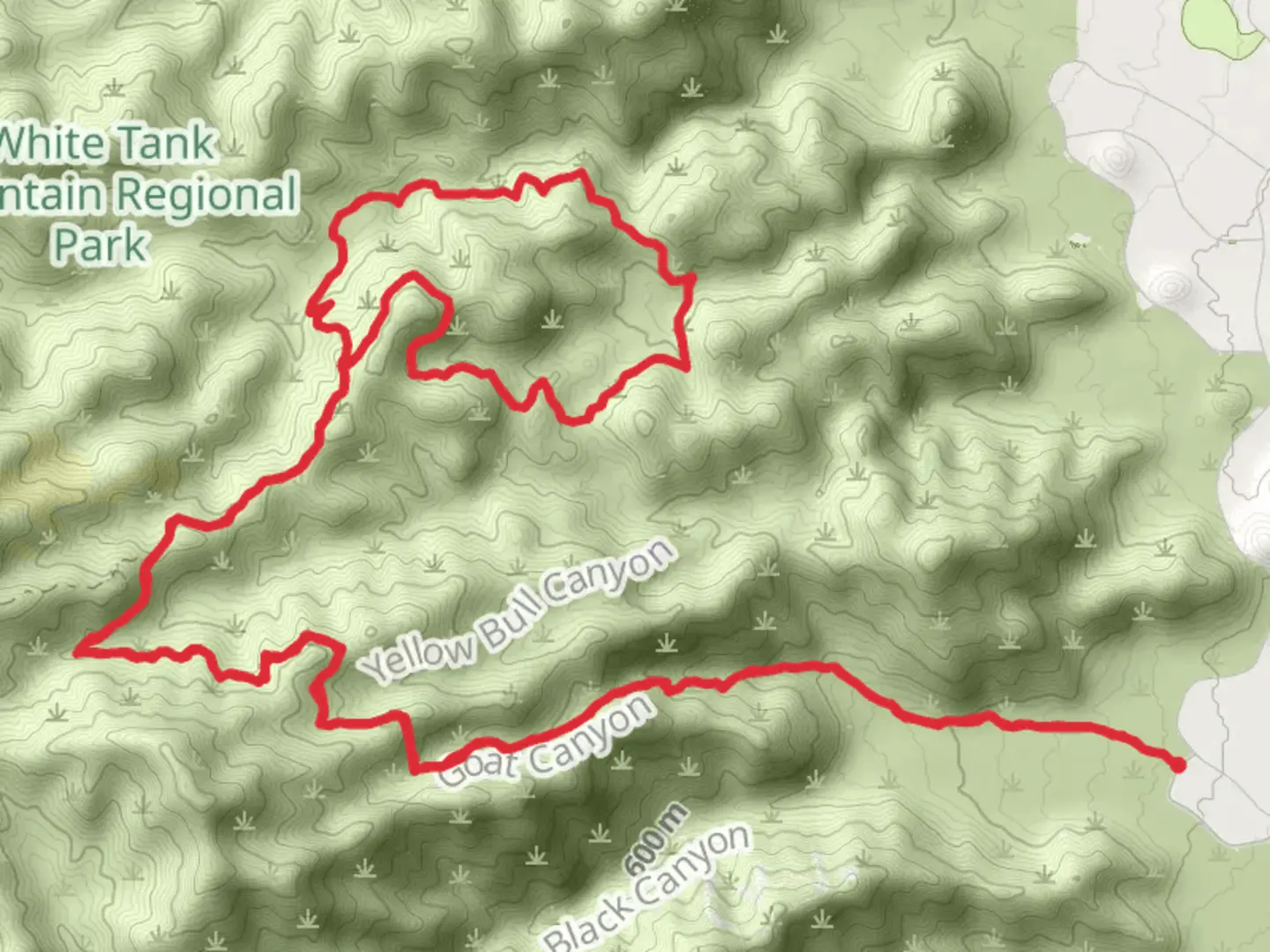An image depicting the trail Goat Camp Trail, Willow Canyon Trail and Mesquite Canyon Trail Loop and its surrounding area.