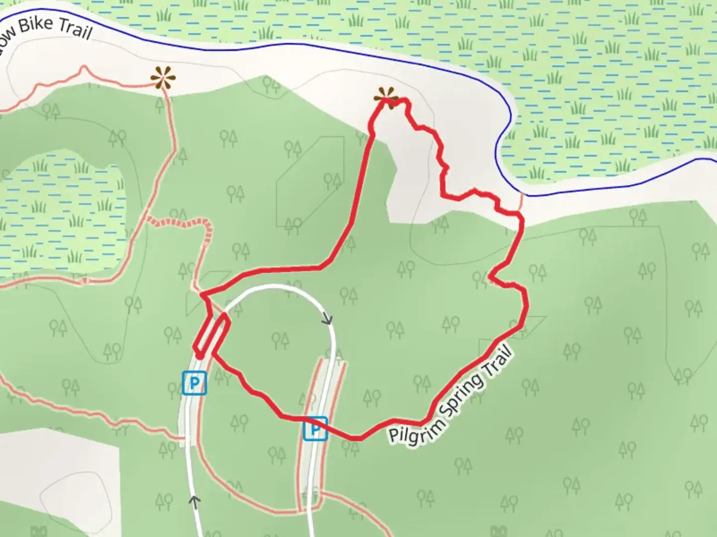 An image depicting the trail Pilgrim Spring Trail Loop and its surrounding area.
