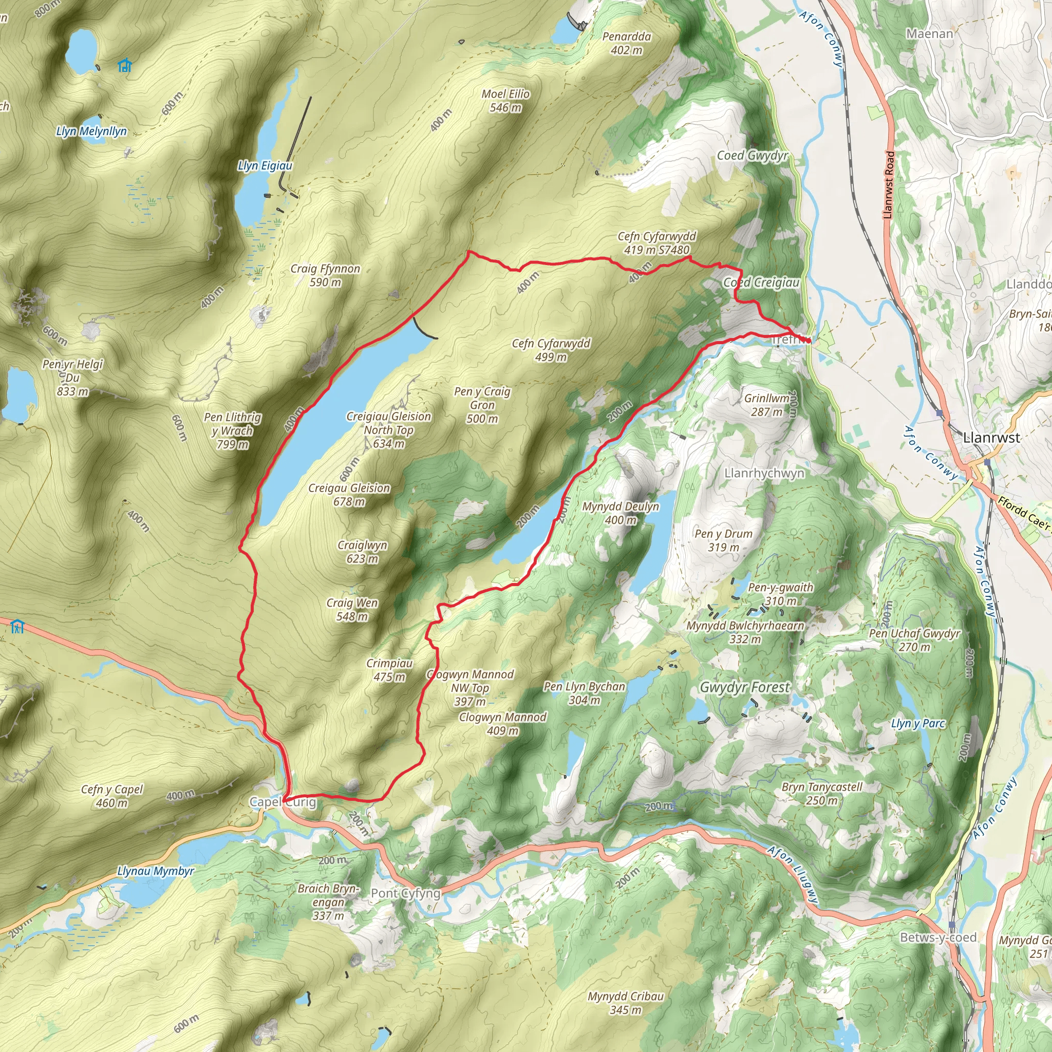 Llyn Crafnant - Capel Curig and Llyn Colwyd from Trefriw mobile static map