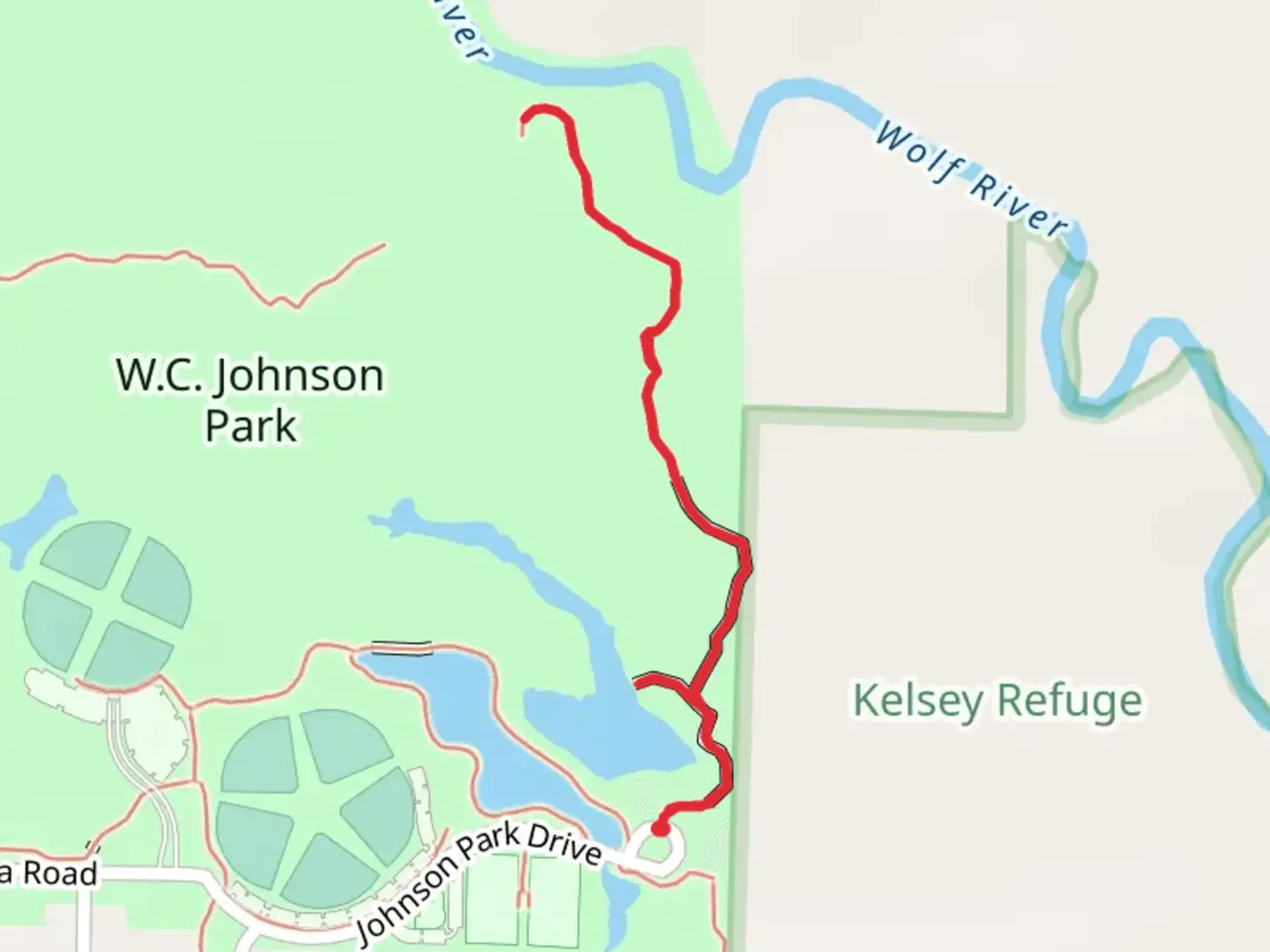 An image depicting the trail Johnson Park to Wolf River and its surrounding area.
