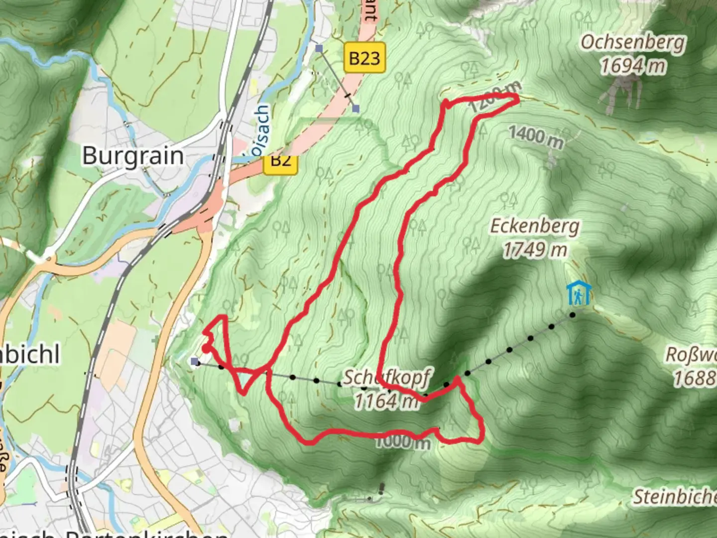 An image depicting the trail Schafkopf via Hüttlsteig and its surrounding area.