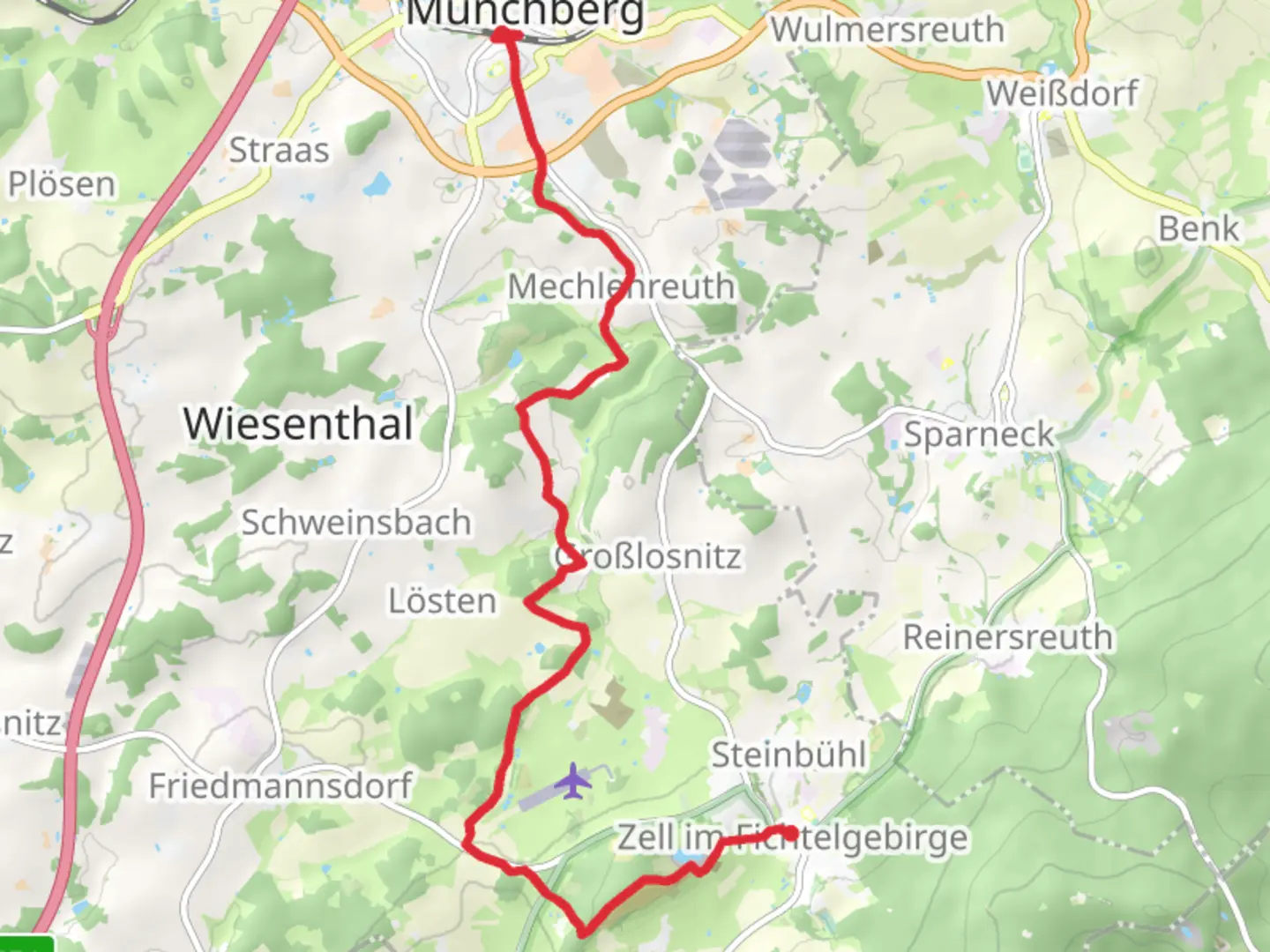 An image depicting the trail Münchberg to Zell im Fichtelgebirge via Fraenkischer Gebirgsweg and its surrounding area.