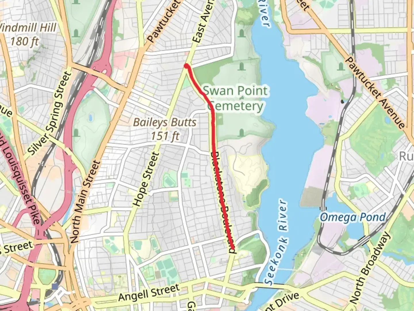 An image depicting the trail Blackstone Boulevard Walking Path - Hope Street and its surrounding area.