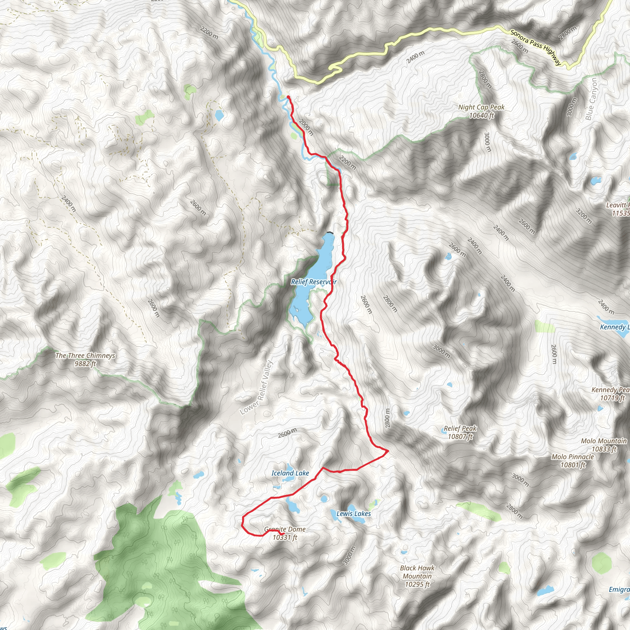 Granite Dome and Ridge Lake via Relief Reservoir Trail mobile static map