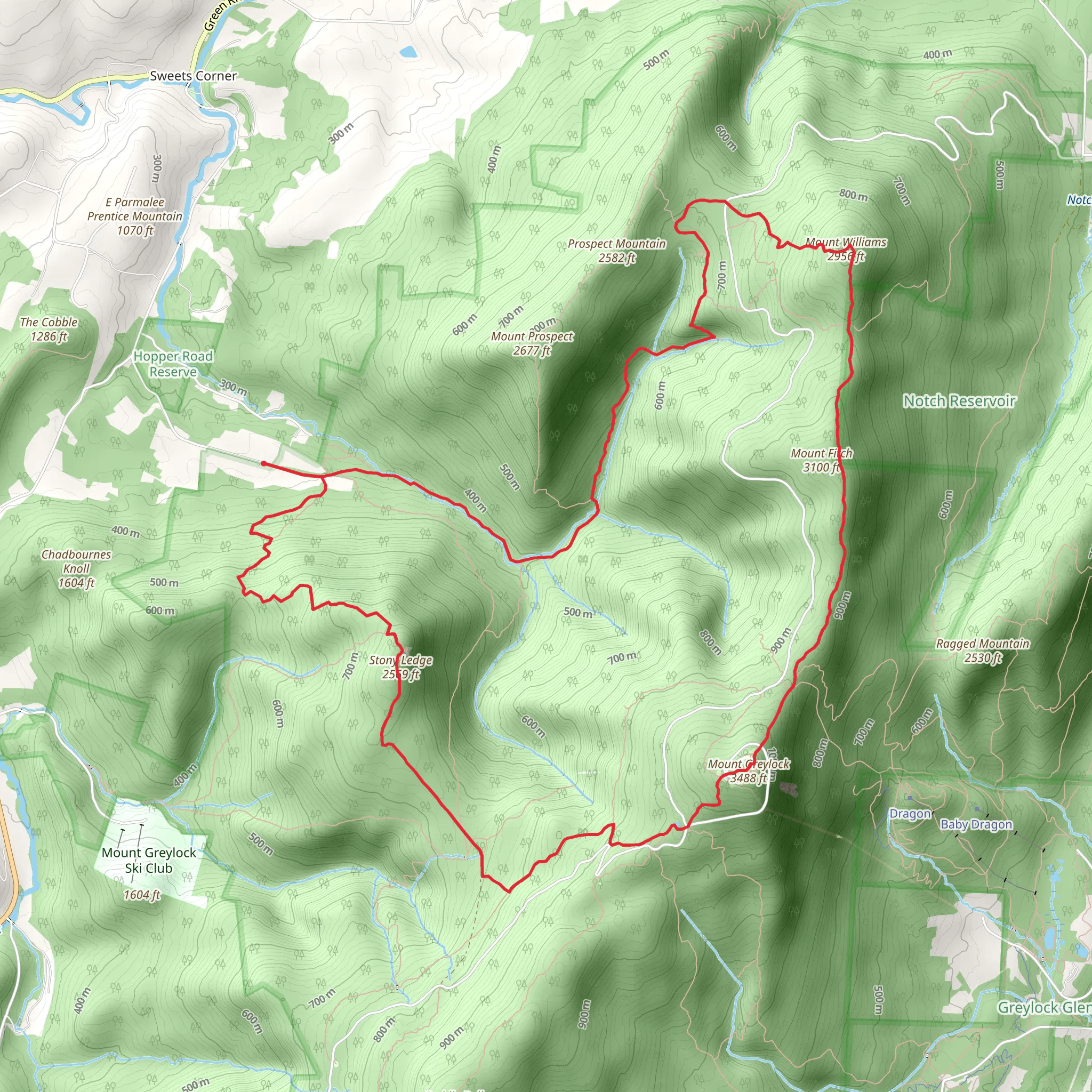 Mount Williams, Mount Fitch, Mount Greylock and Stony Ledge via Hopper Brook mobile static map