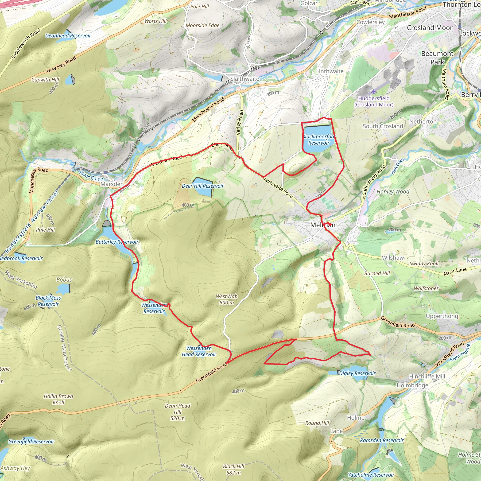 Meltham, Blackmoorfoot and Marsden Loop via Butterley Reservoir mobile static map