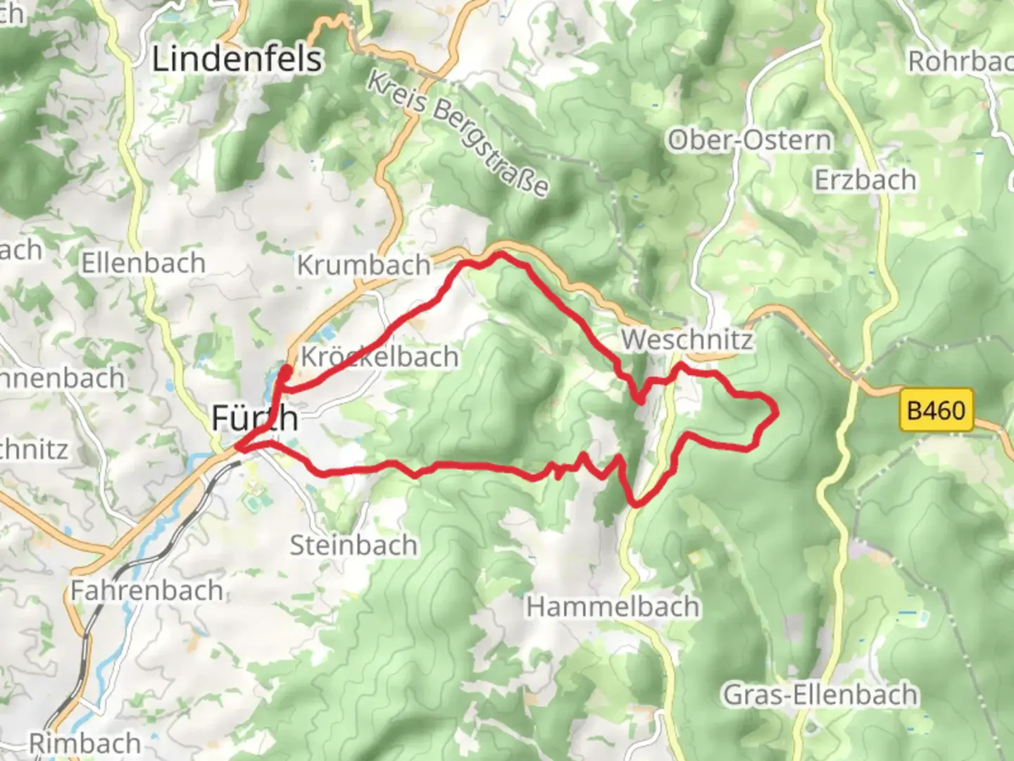 An image depicting the trail Furth and Weschnitz Loop via Erzberg and its surrounding area.